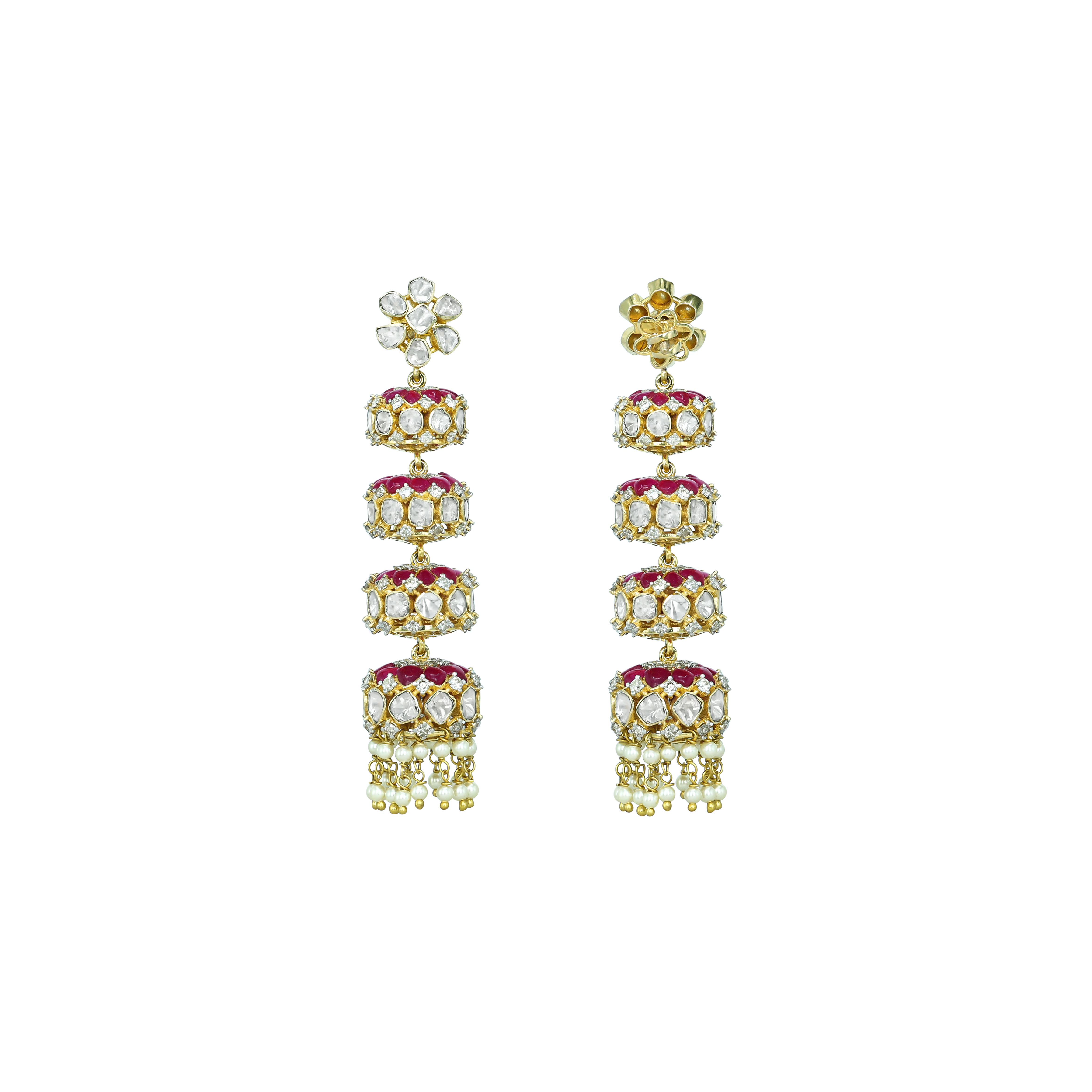 Tiered Polki Earrings with Red Talaf stone and Pearl Drops