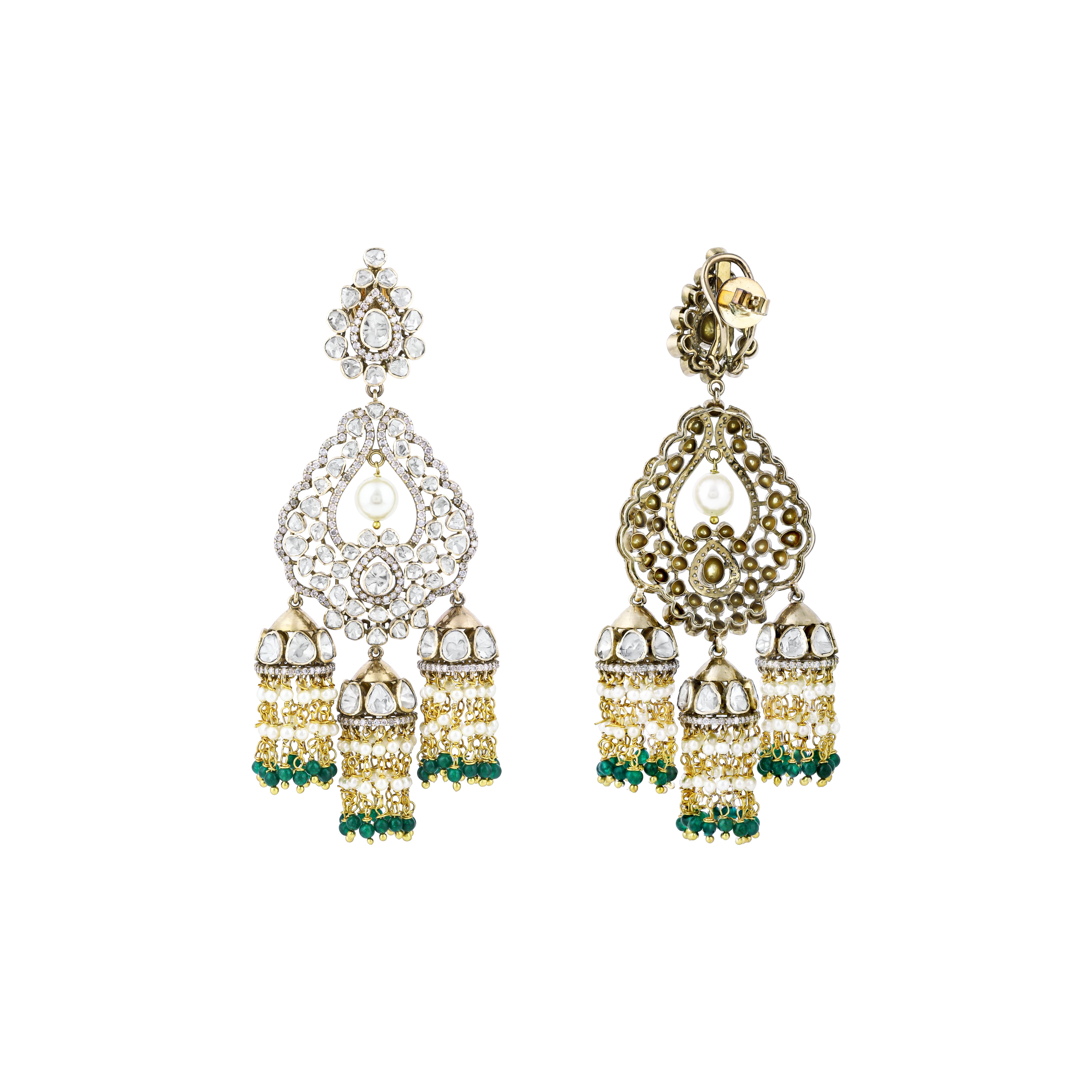 Polki Jhumki Earrings with Pearl Drop, Green Beads, and Diamonds