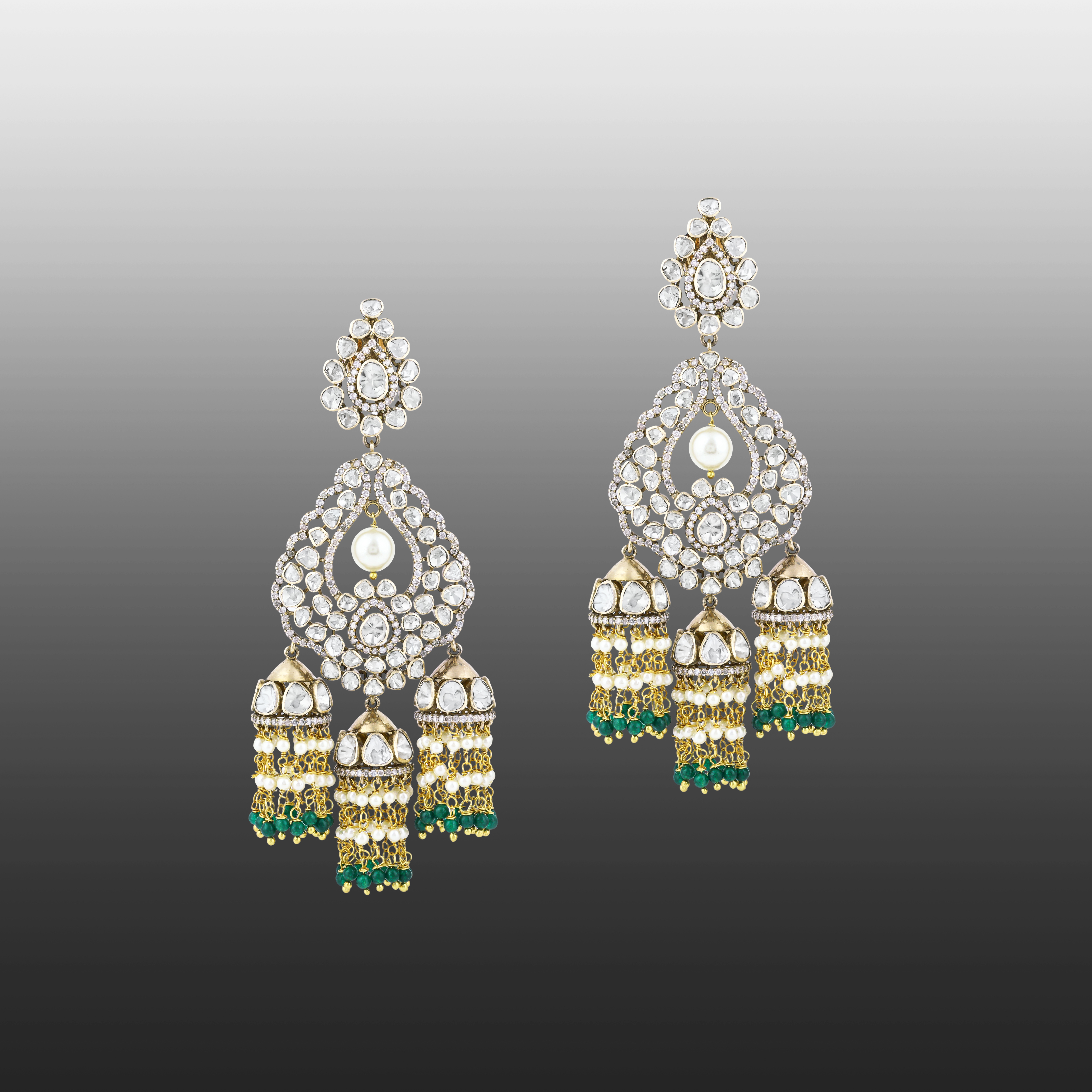 Polki Jhumki Earrings with Pearl Drop, Green Beads, and Diamonds