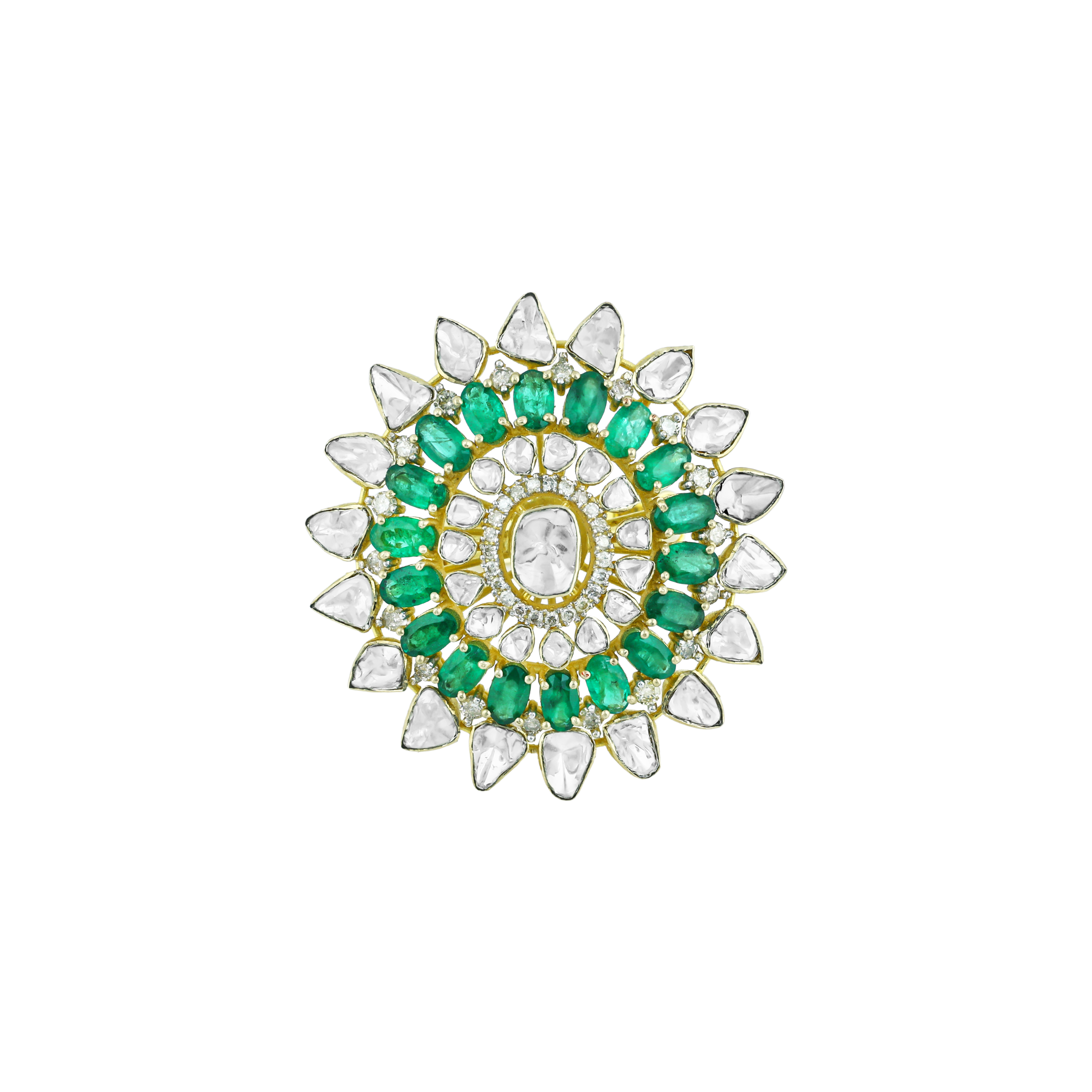 Floral Polki Ring with Green Accents and Sunburst Design