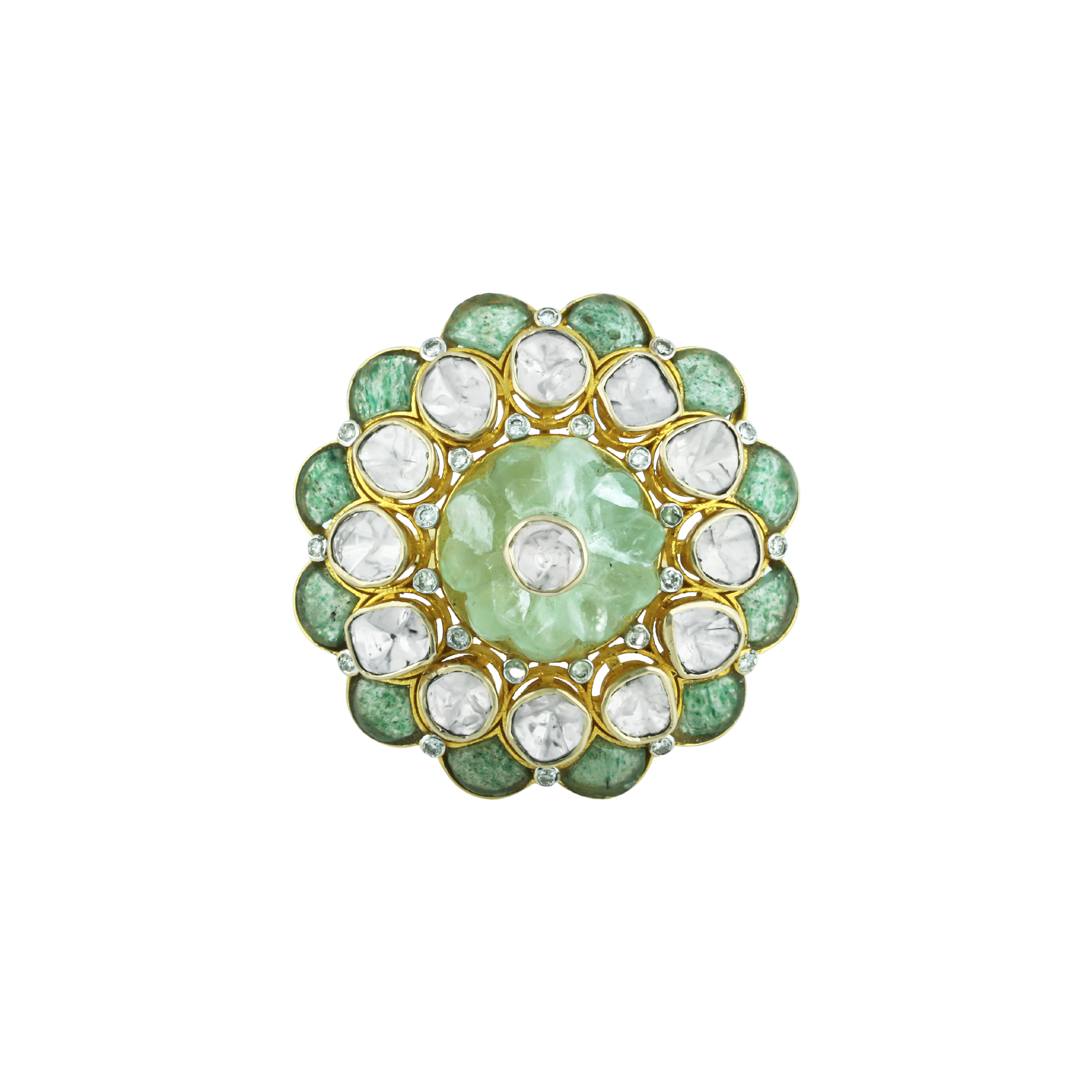 Floral Open Polki Ring with Center Melon Stone