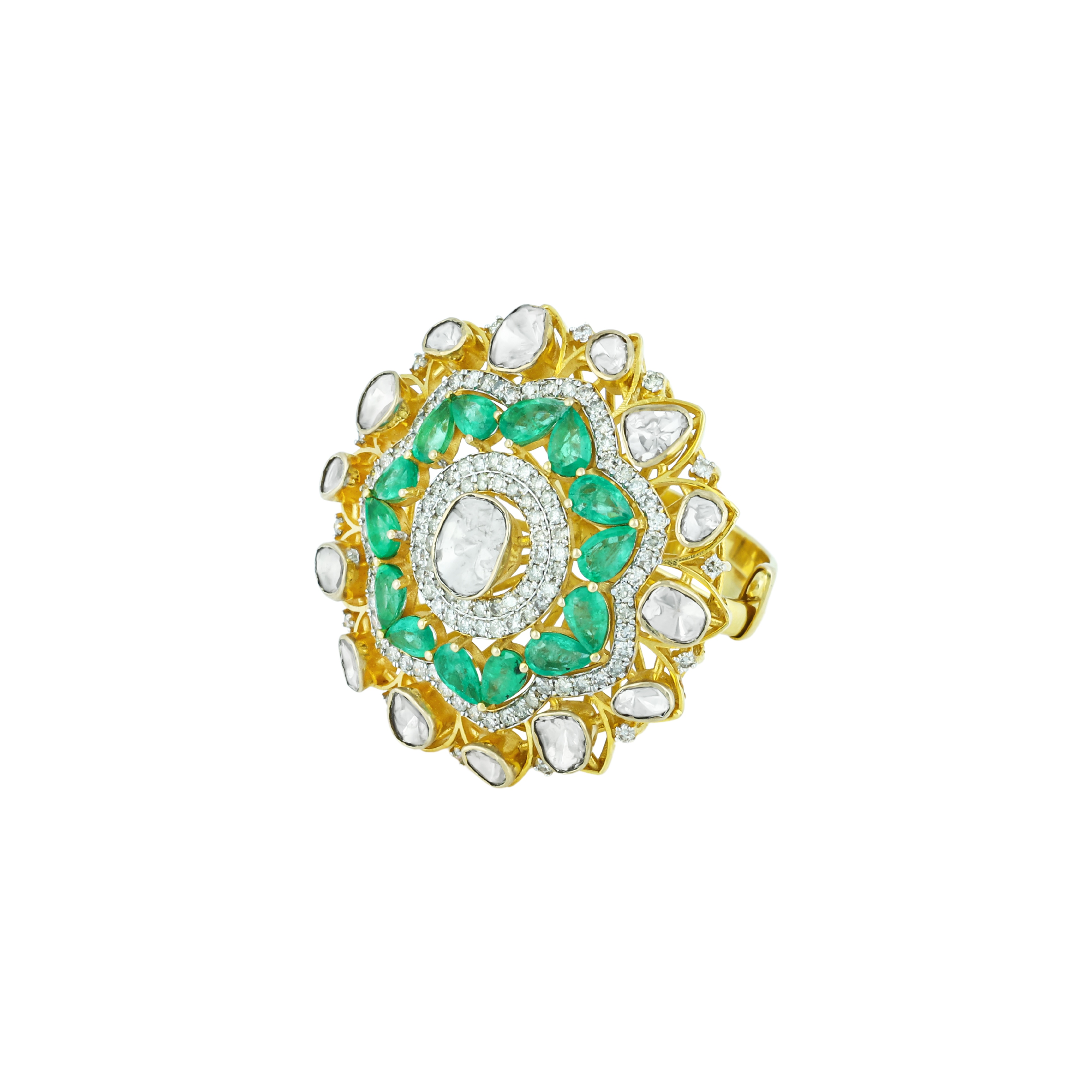Polki Ring with Green Cut Stone and Diamond Border