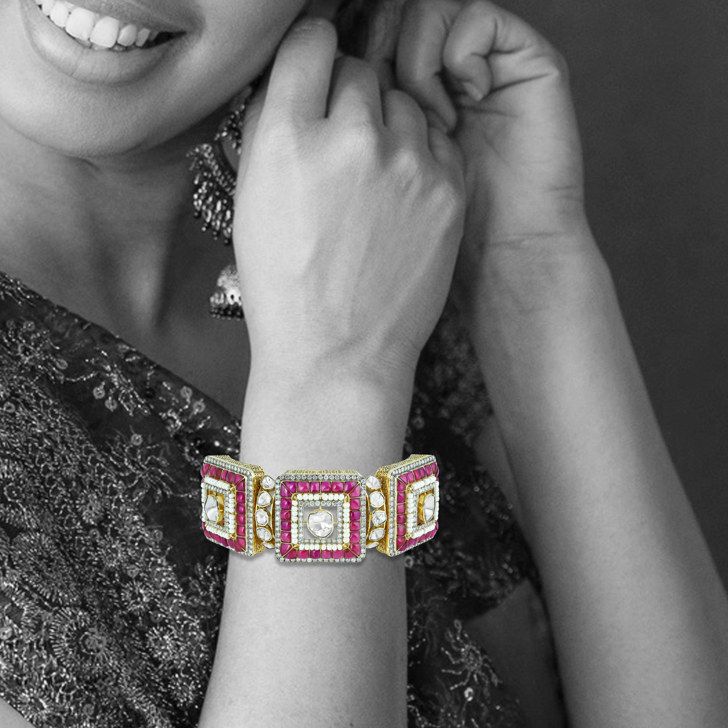 Geometric Red Talaf and Polki Bangle with Pearls Accents