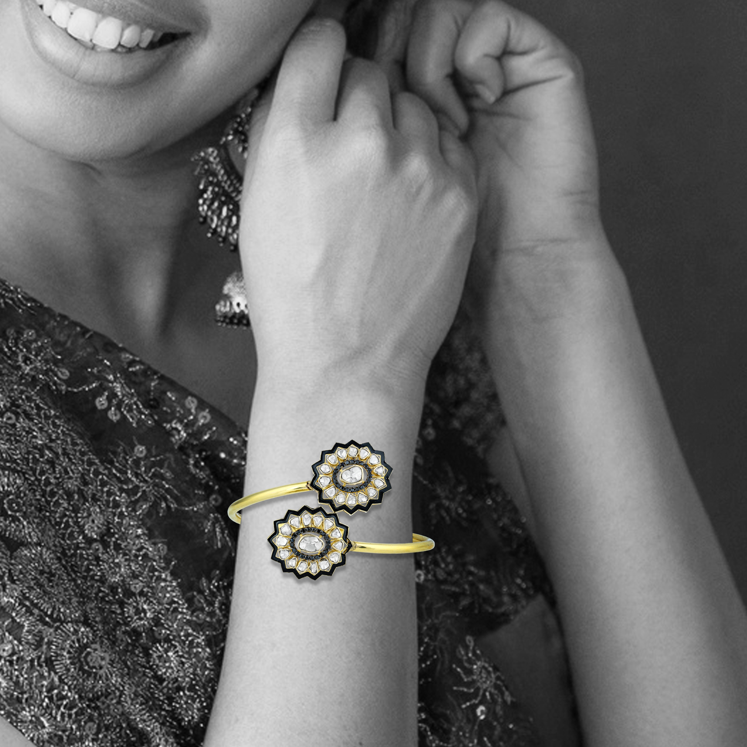 Minimalistic Bangle with Polki Clusters, Black Enamel, and Diamonds