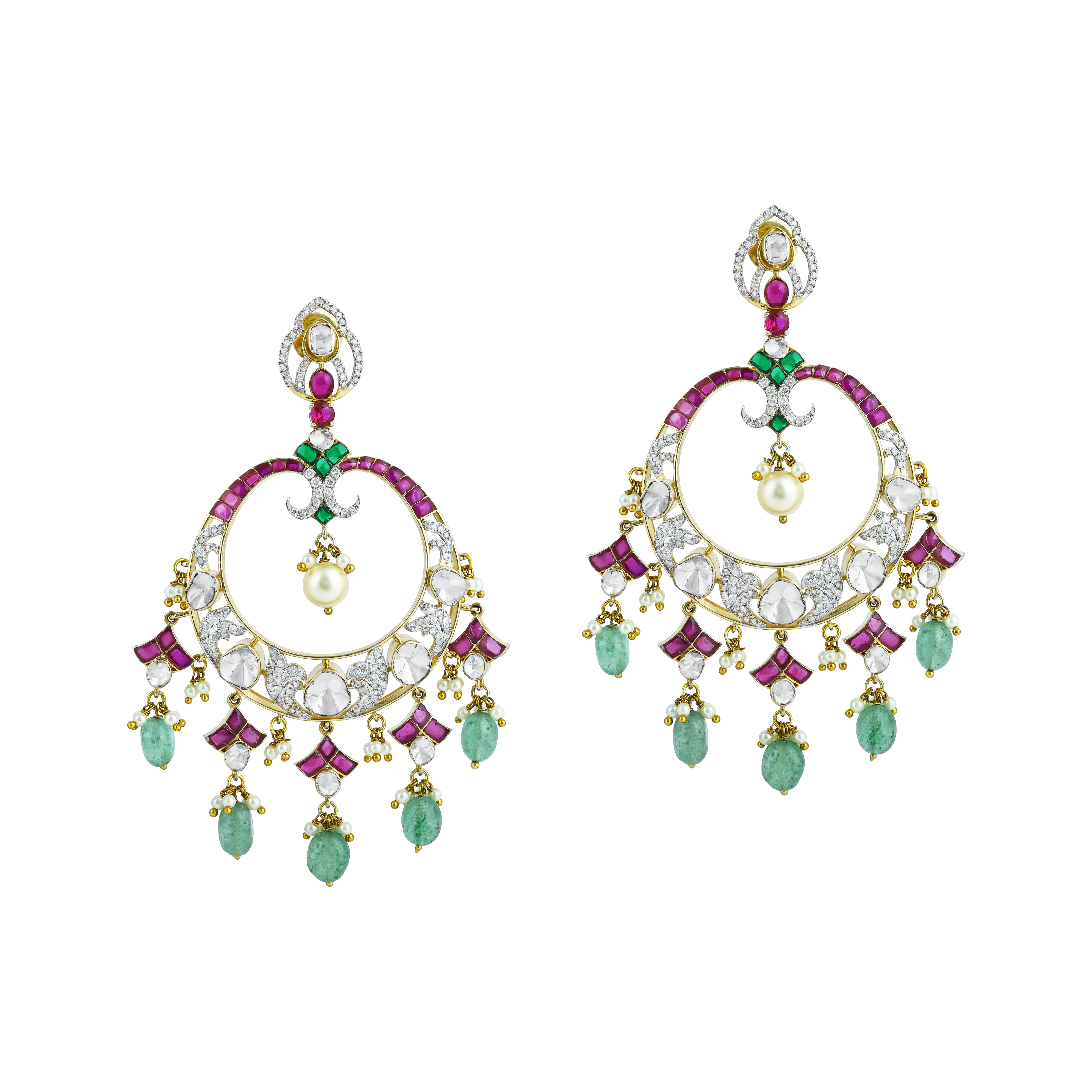 Polki Hoop Earrings with Emerald Drops, Pink Talaf, and Pearl Accents