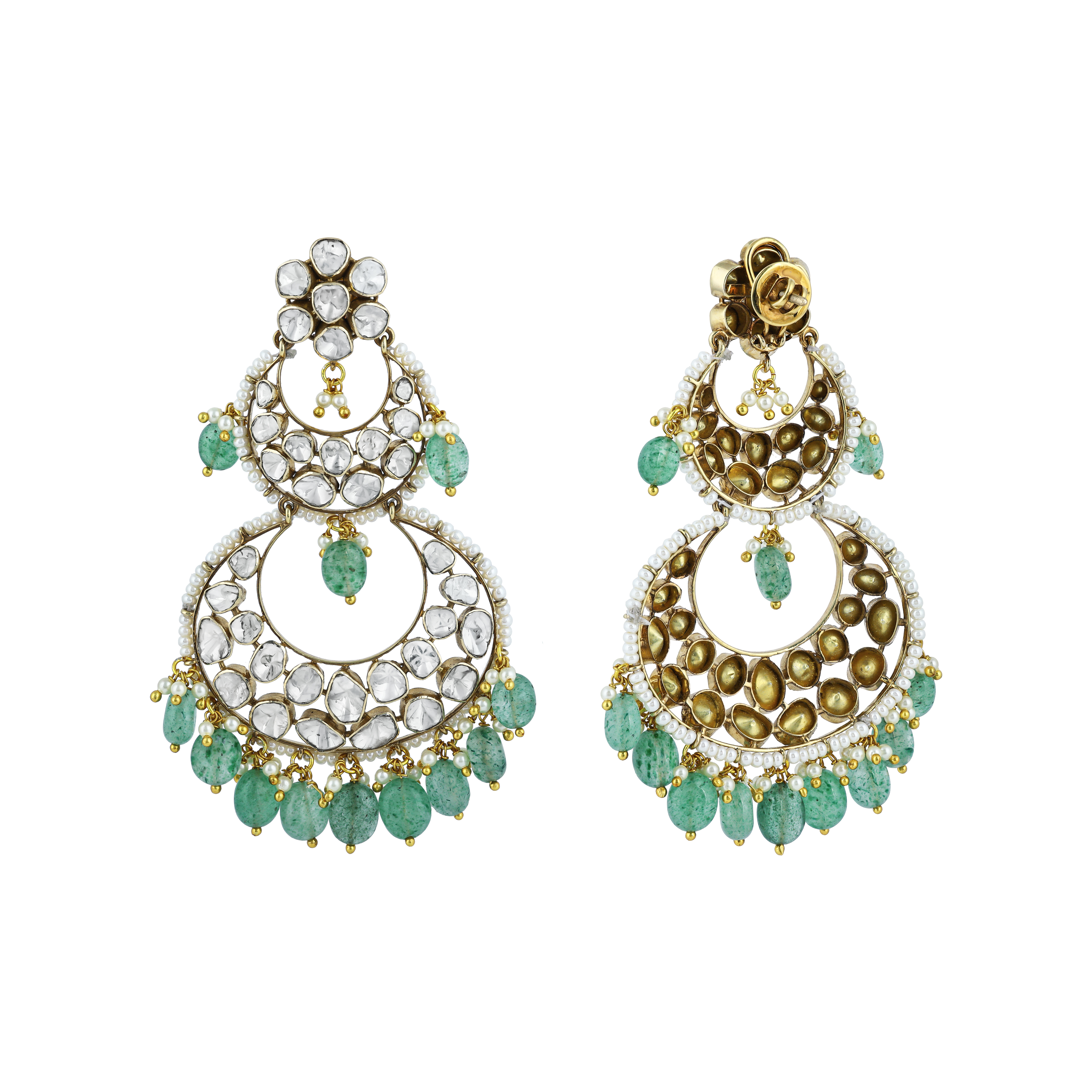 Polki Earrings with Double-Tier Chandbali, Pearl Accents, and Green Drops