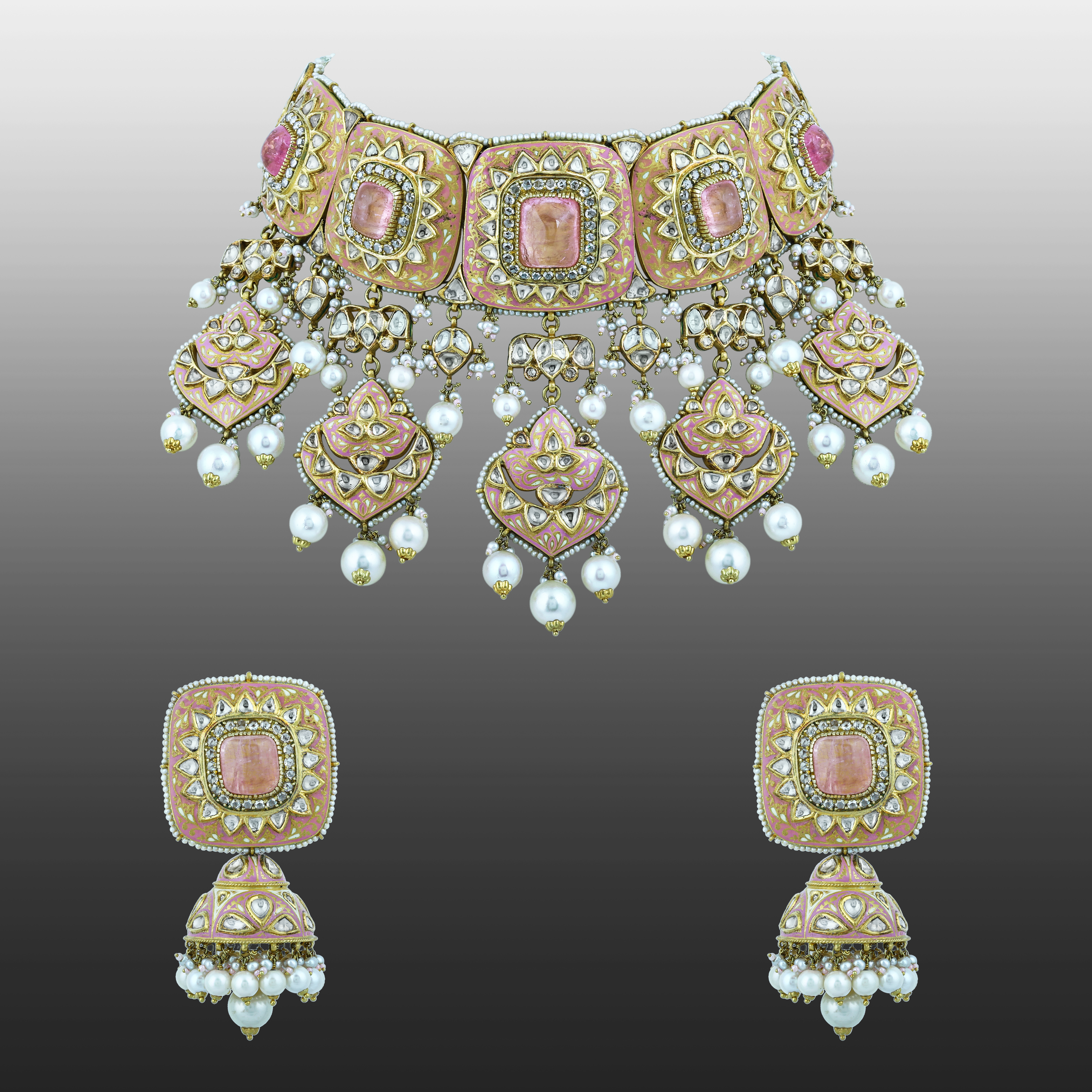 Rose Enamel Choker Set with Square Polki and Pearl Drops