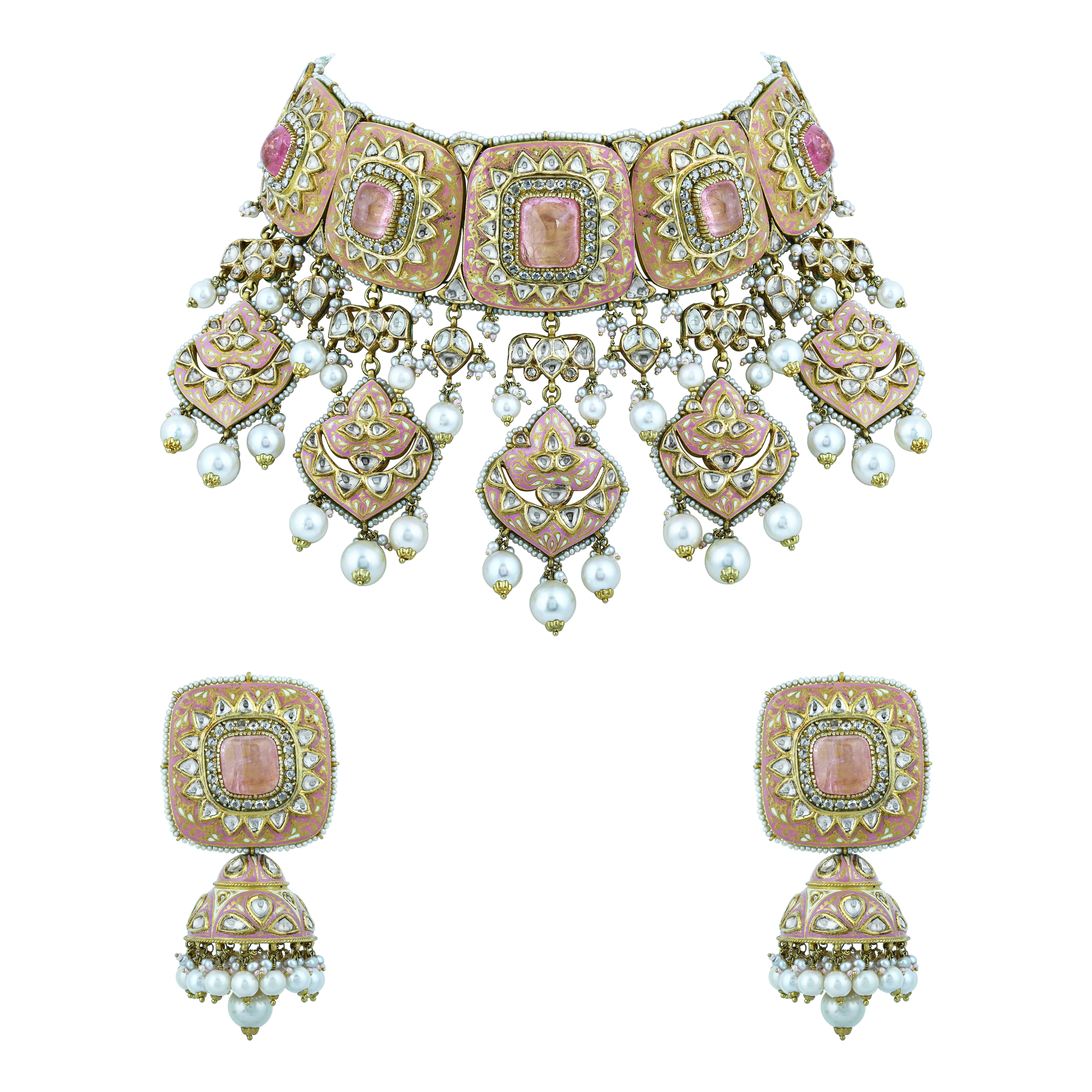 Rose Enamel Choker Set with Square Polki and Pearl Drops