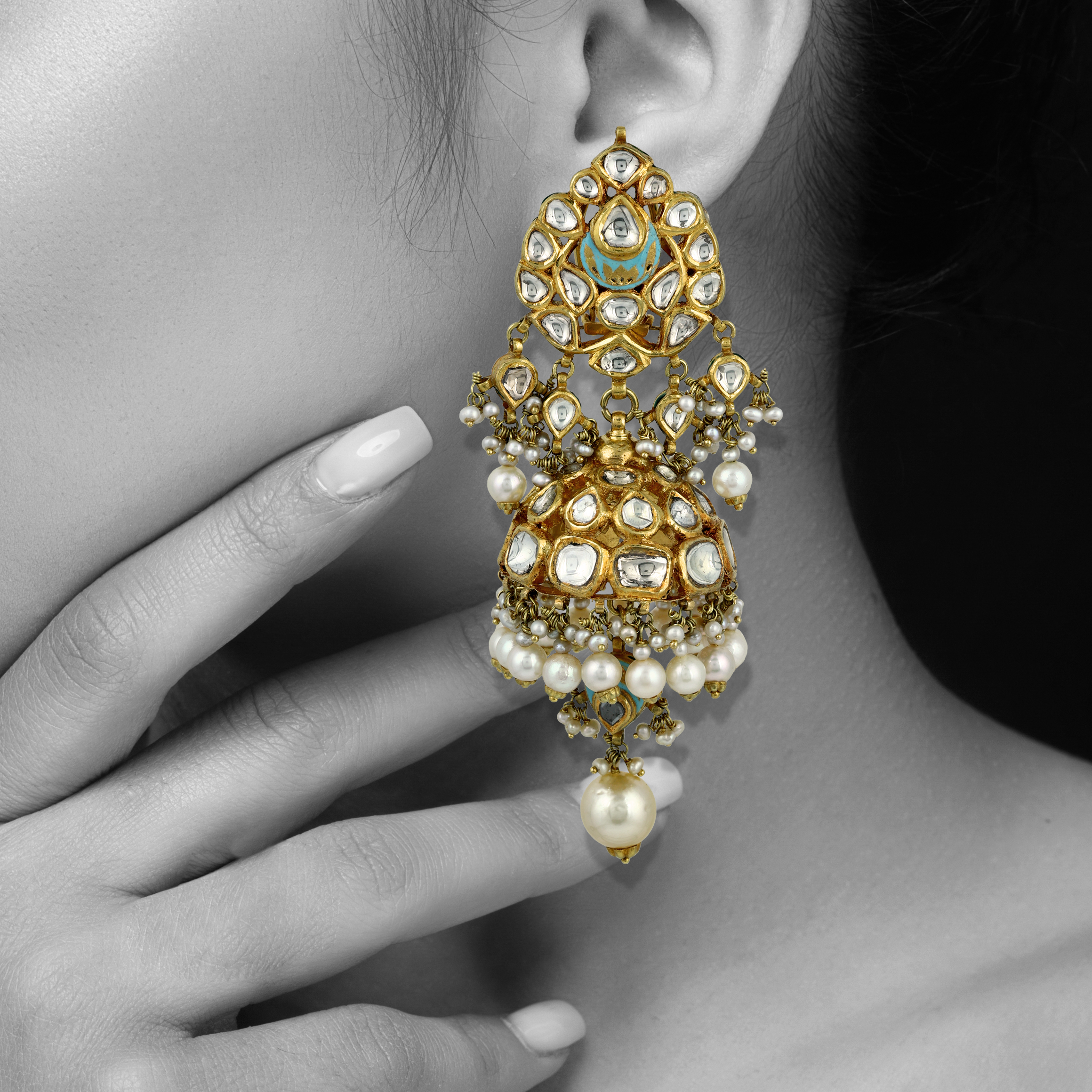 Mint Meenakari Necklace Set with Polki & Pearls