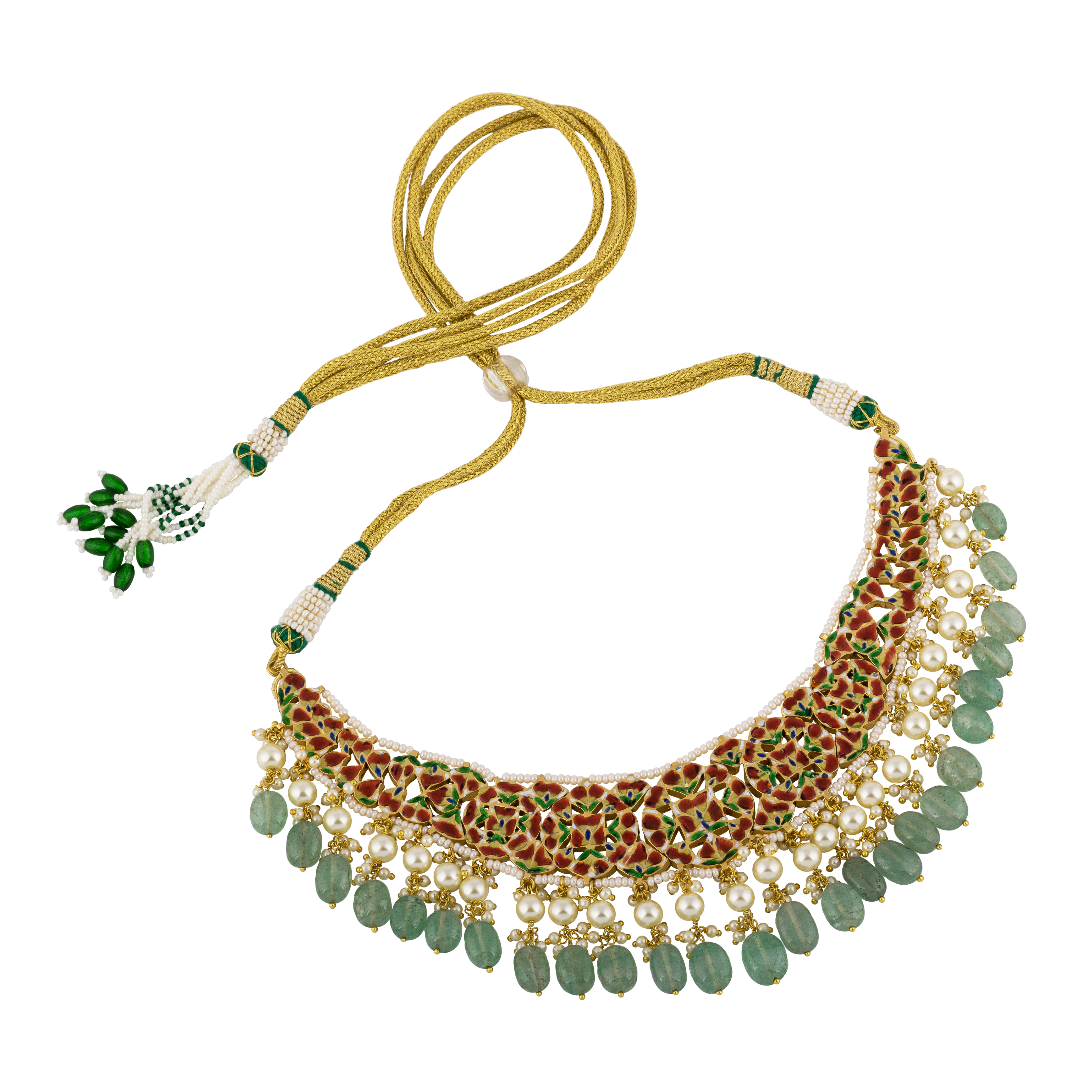 Floral Polki Necklace with Emerald Maniya and Pearls