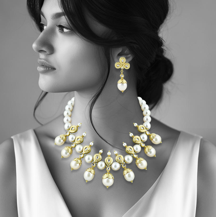 Pearl Necklace Set with Gold Work and Polki Motifs