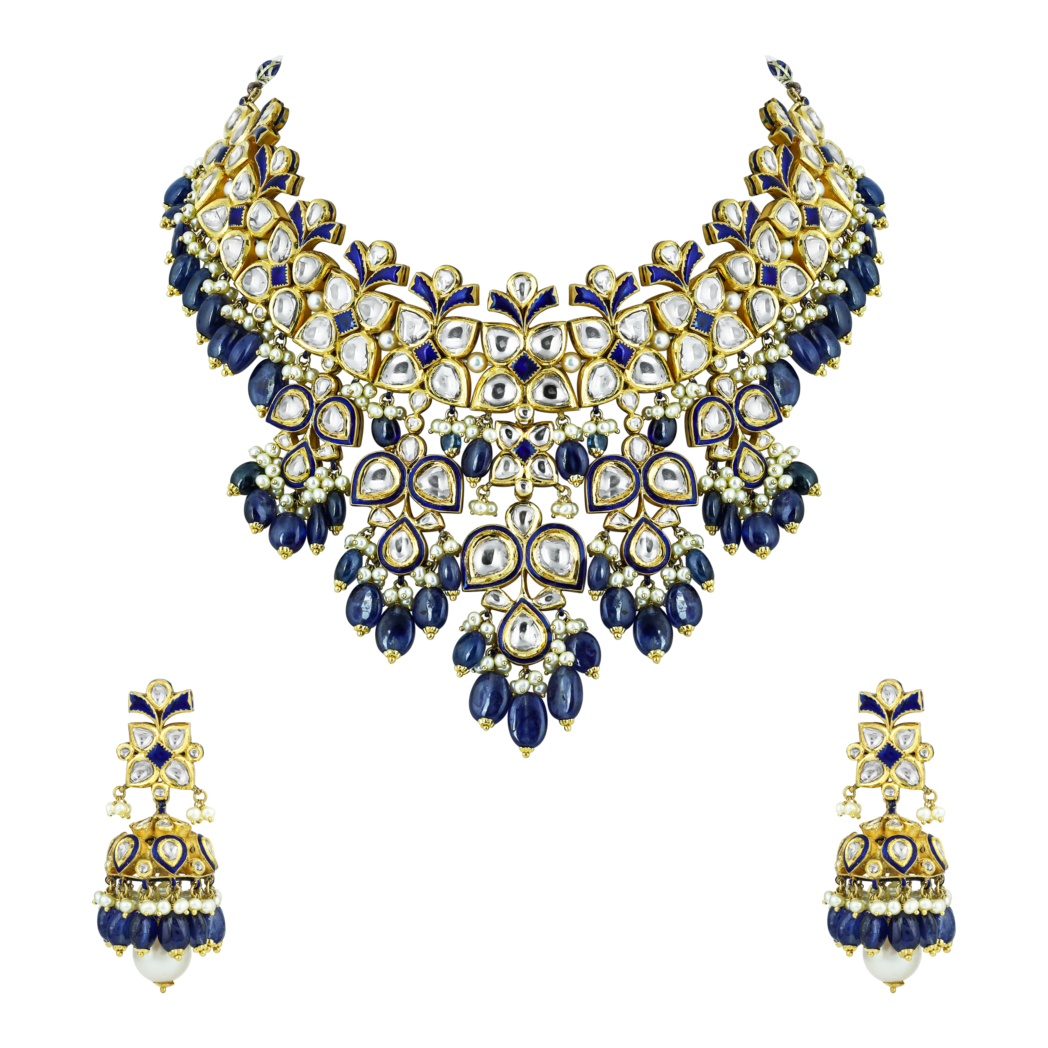 Polki Necklace Set with Blue Sapphire and Pearl Drops