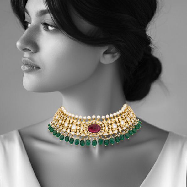 Polki Choker with Central Floral Ruby and Emerald Bead Fringe