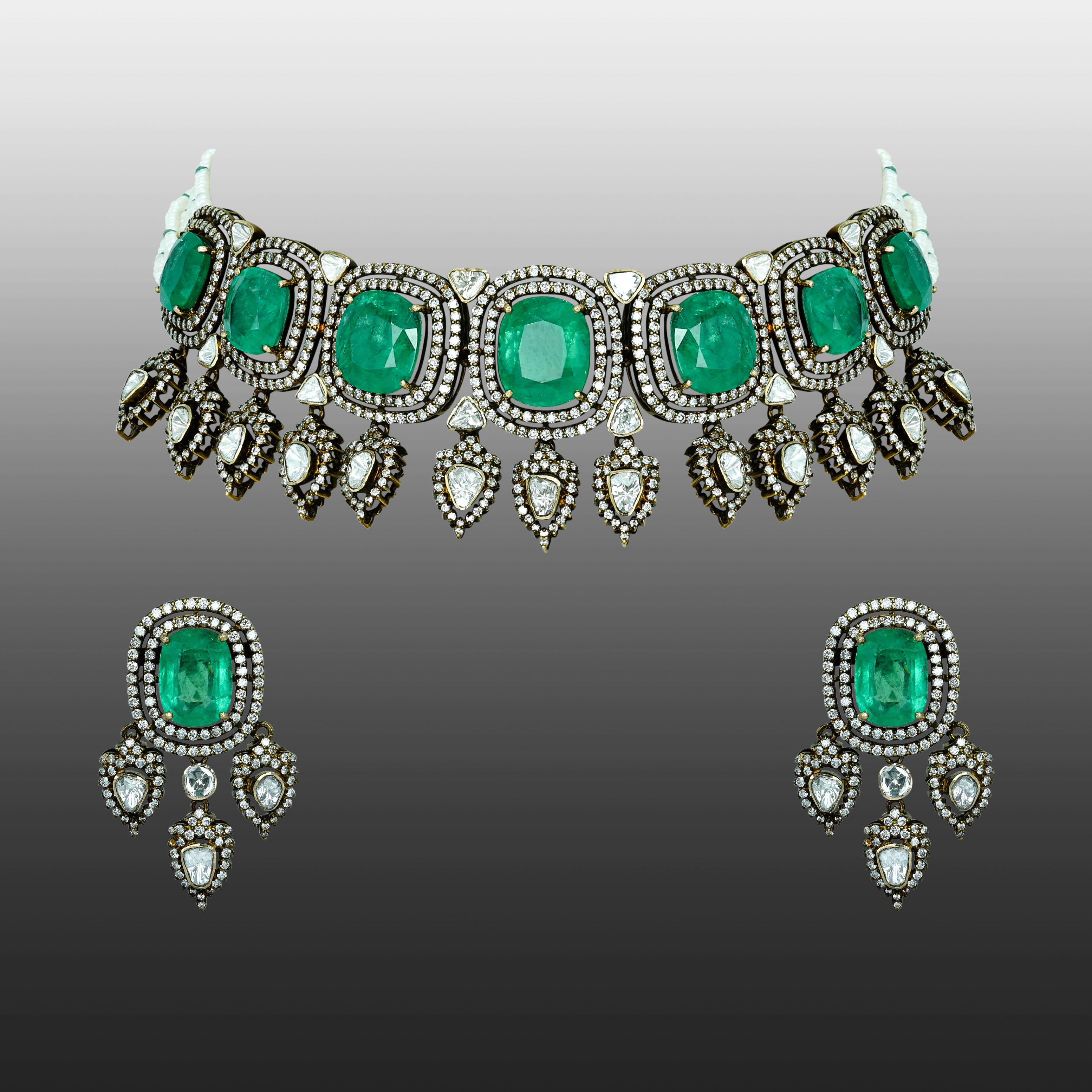 Antique Emerald Necklace Set with Diamond Halos and Teardrops