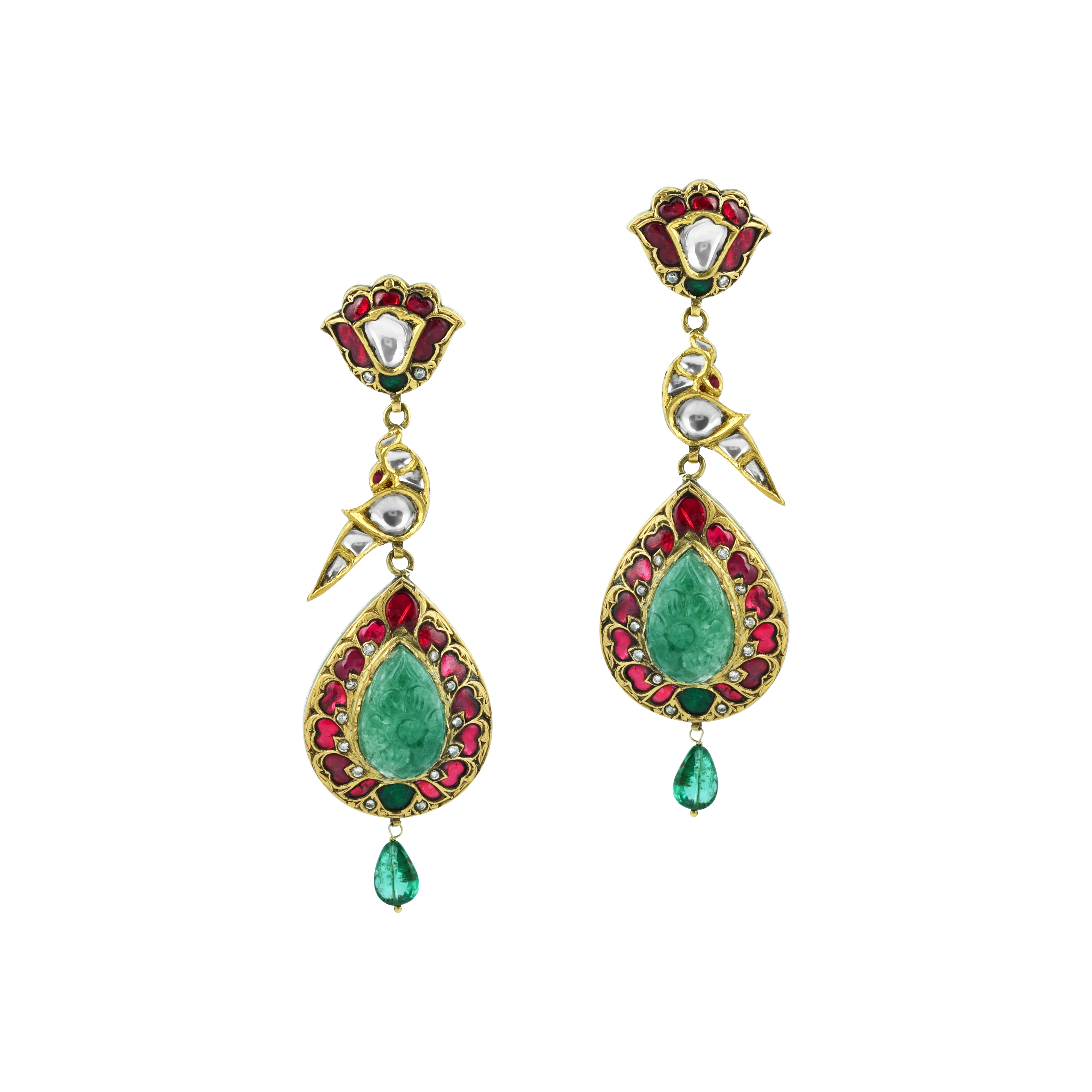 Emerald Bead Necklace Set with Red Talaf Pendant and Polki