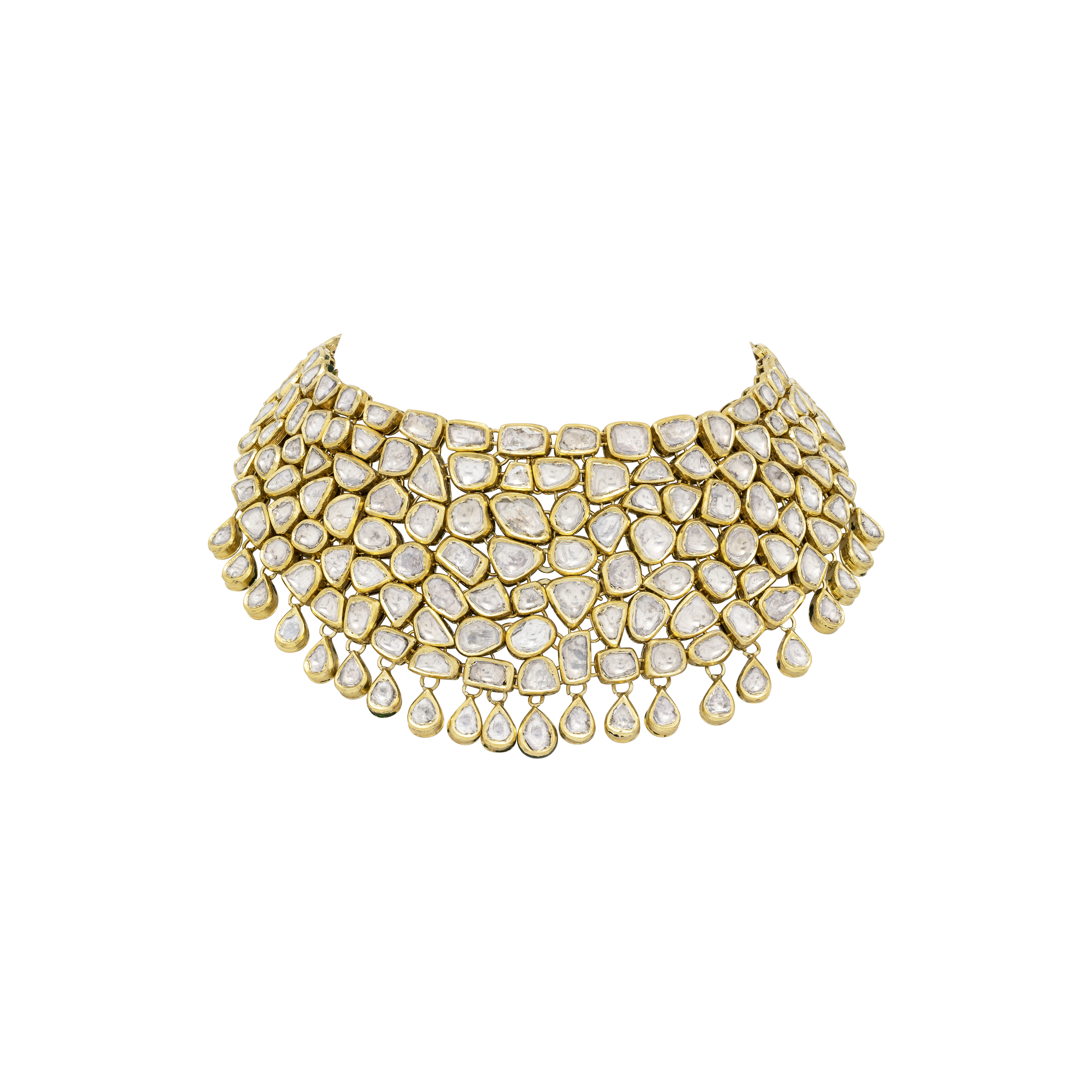 Regal Gold Choker Polki Cluster with Uncut Diamonds & Pear-Shaped Drops