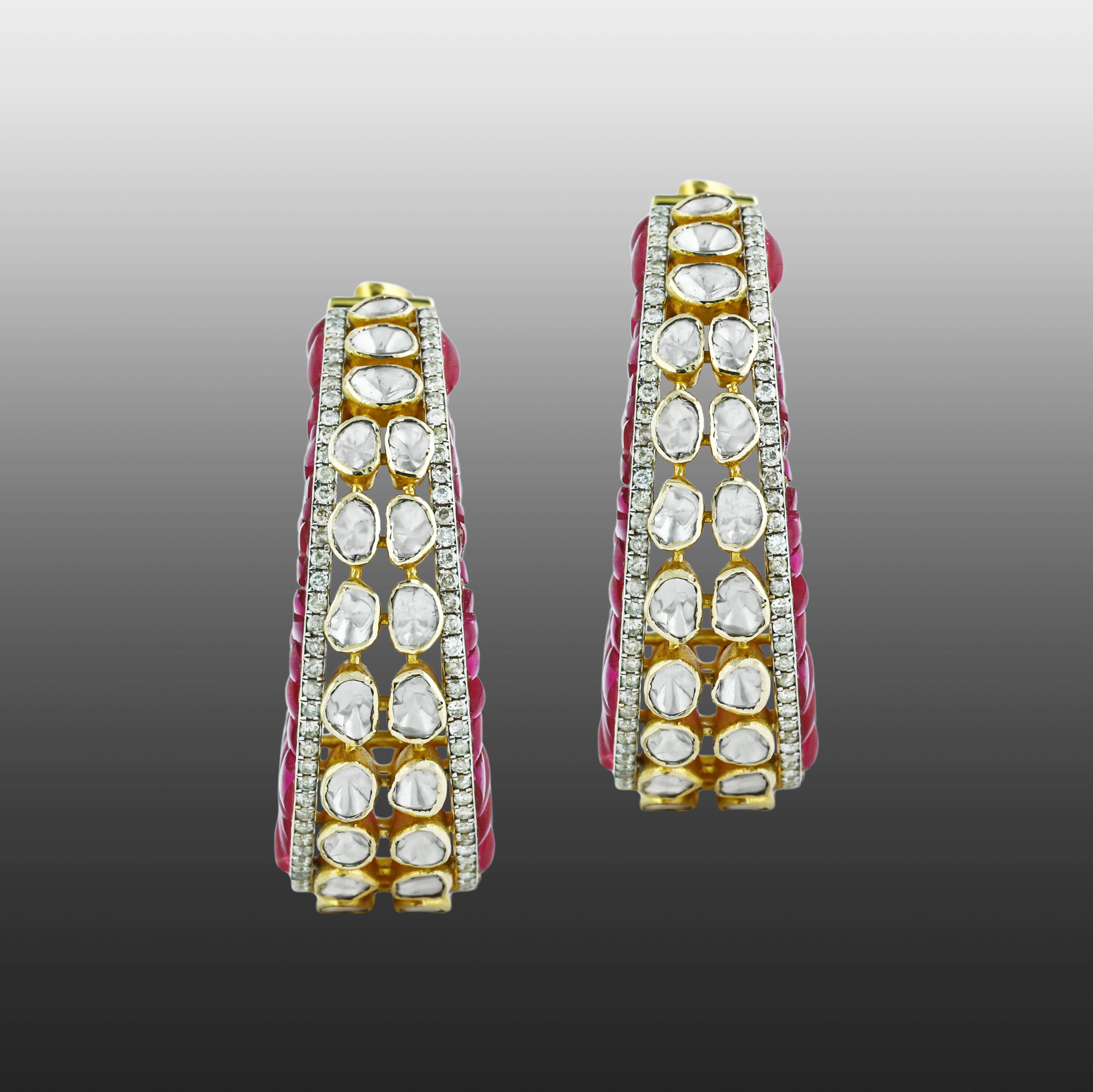 Polki Hoop Earrings with Red Talaf and Dual-Sided Design
