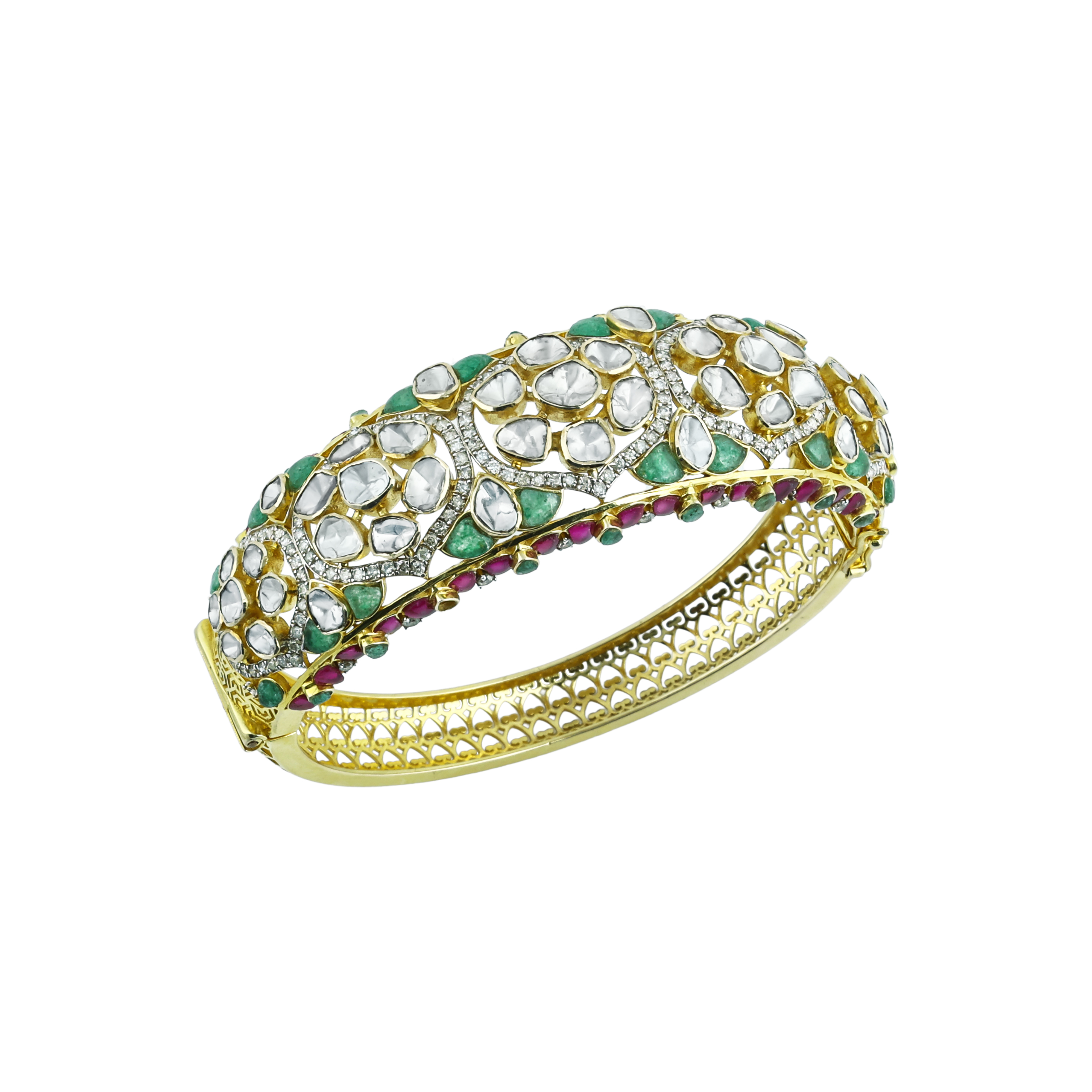 Polki Bangle with Green and Red Talaf, and Diamond Detailing