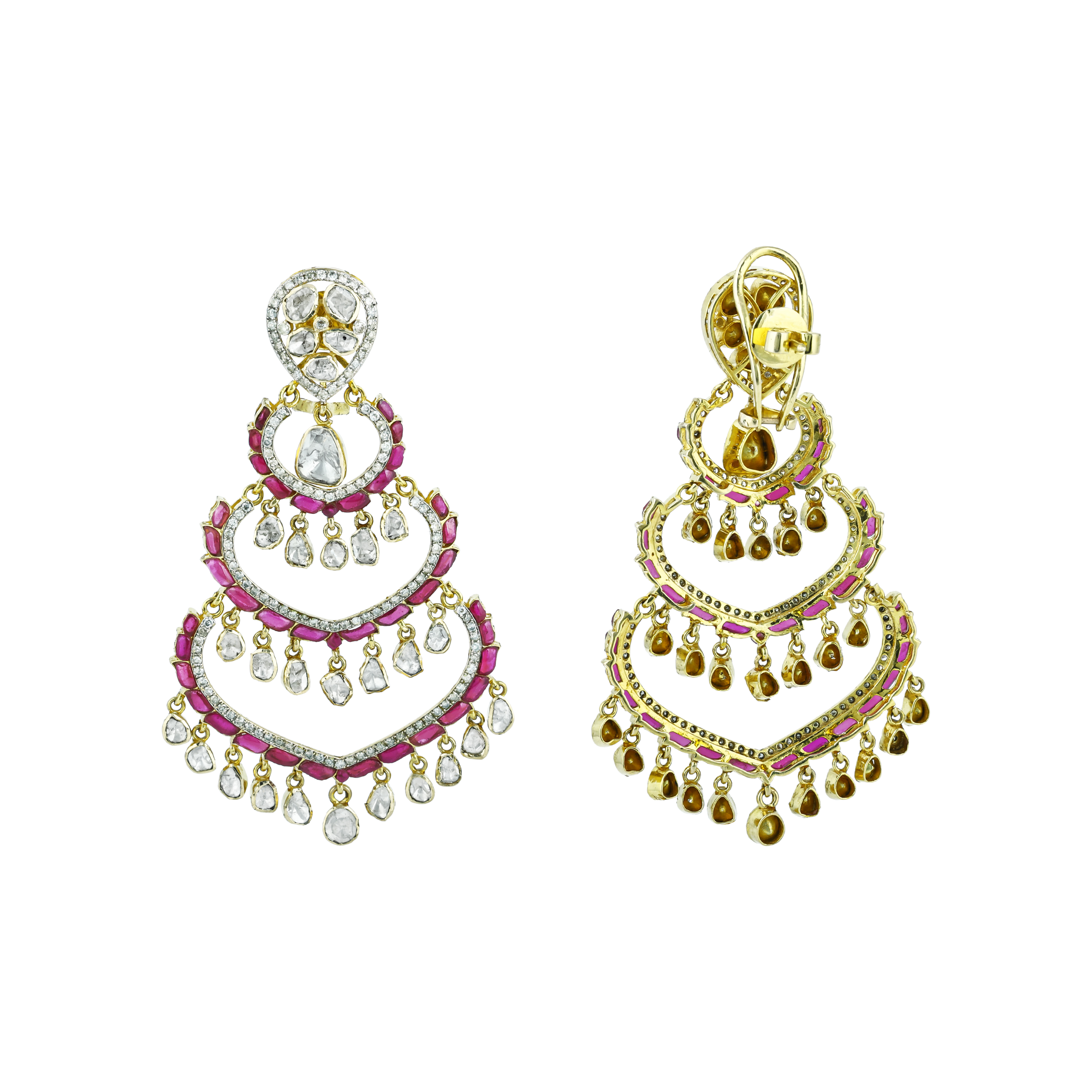 Chandelier Earrings with Polki, Red Talaf Accents and Diamonds