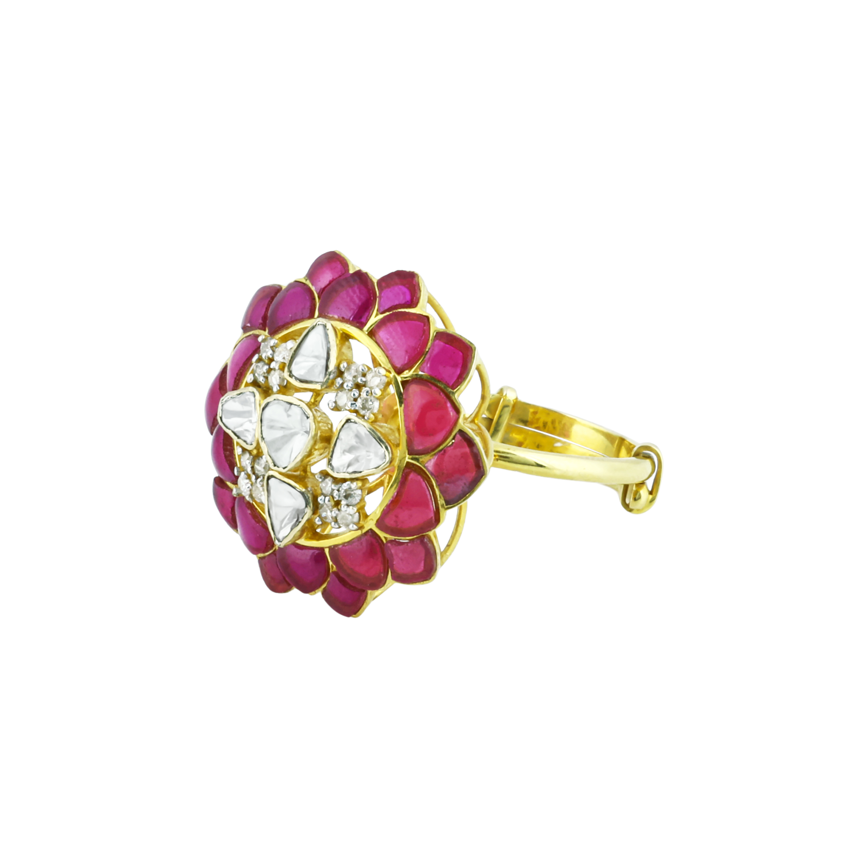 Floral Polki Ring with Pink Talaf and Diamond Polki