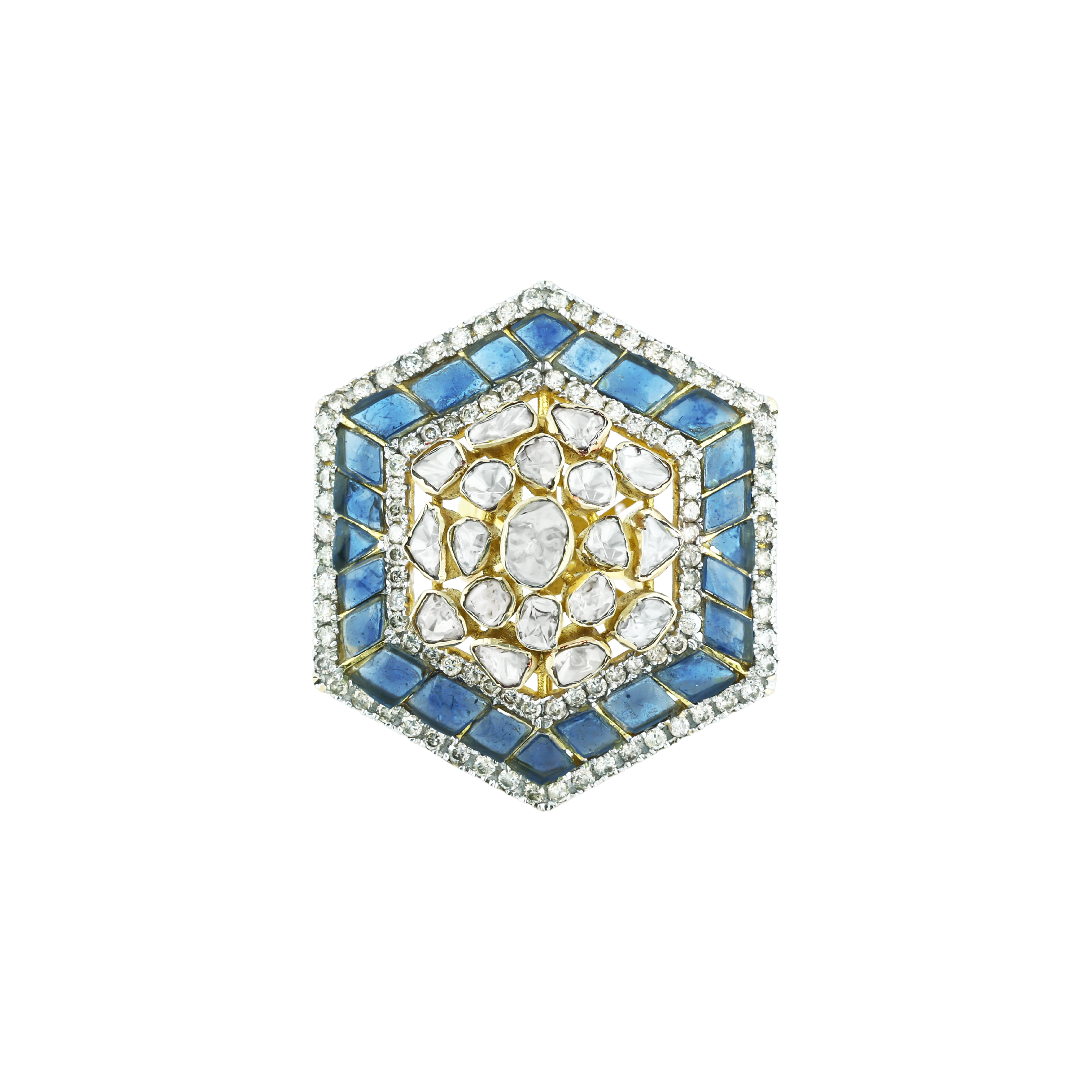 Hexagonal Polki Ring with Blue Talaf and Diamond Halo