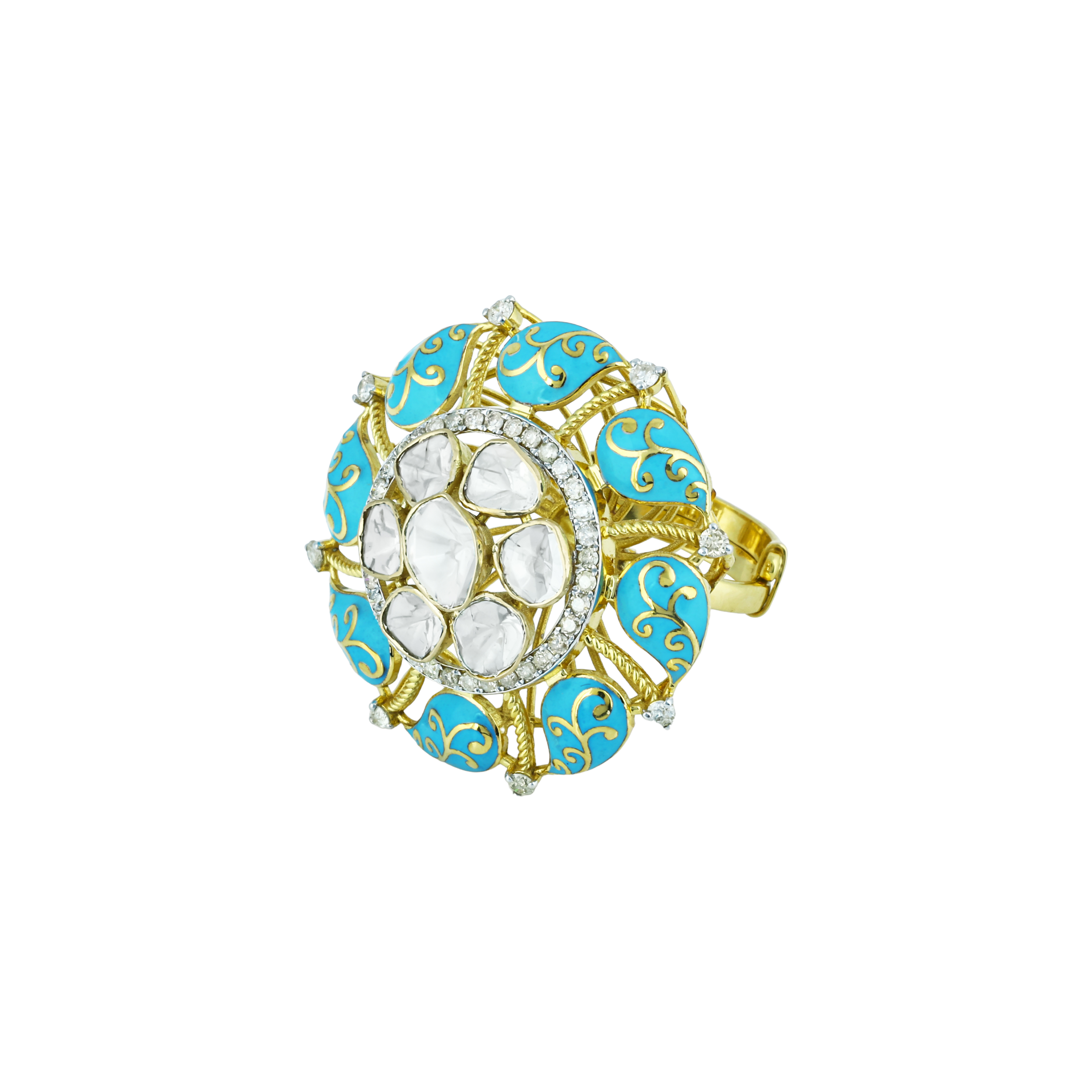 Polki Ring with Turquoise Enamel and Gold Accents