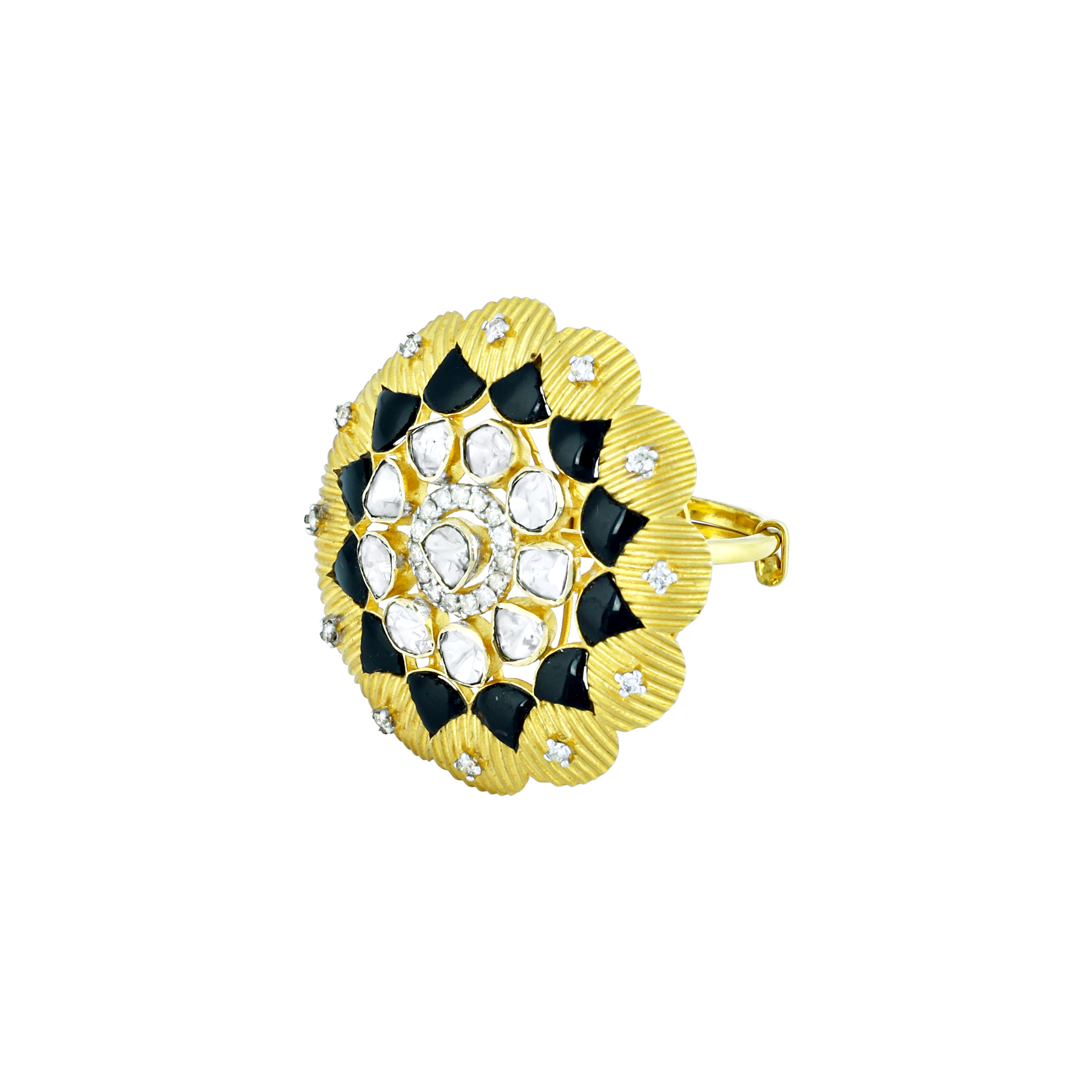 Polki Ring with Black Enamel, Gold Detailing, and Diamonds