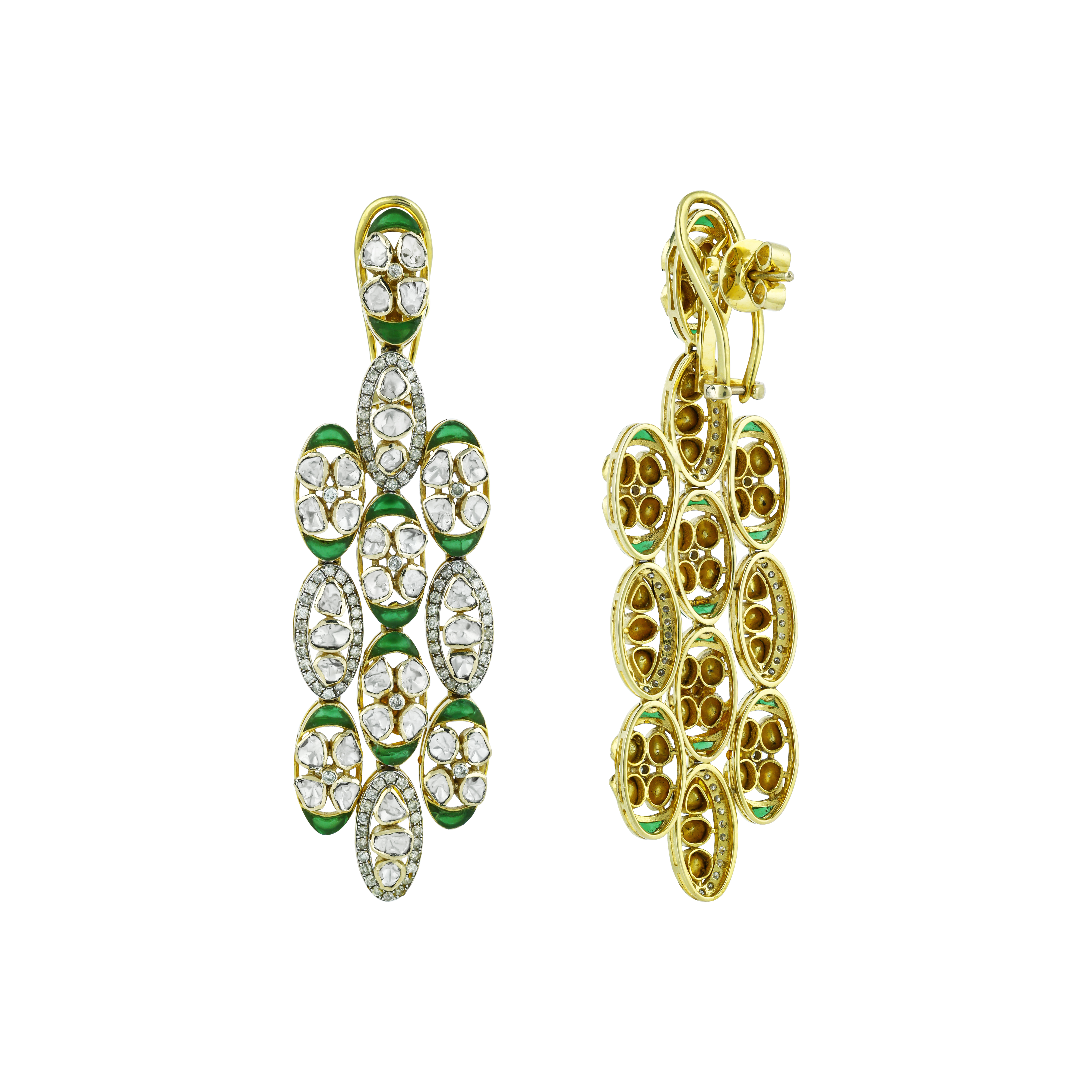 Polki Earrings with Green Stones and Elongated Oval Design