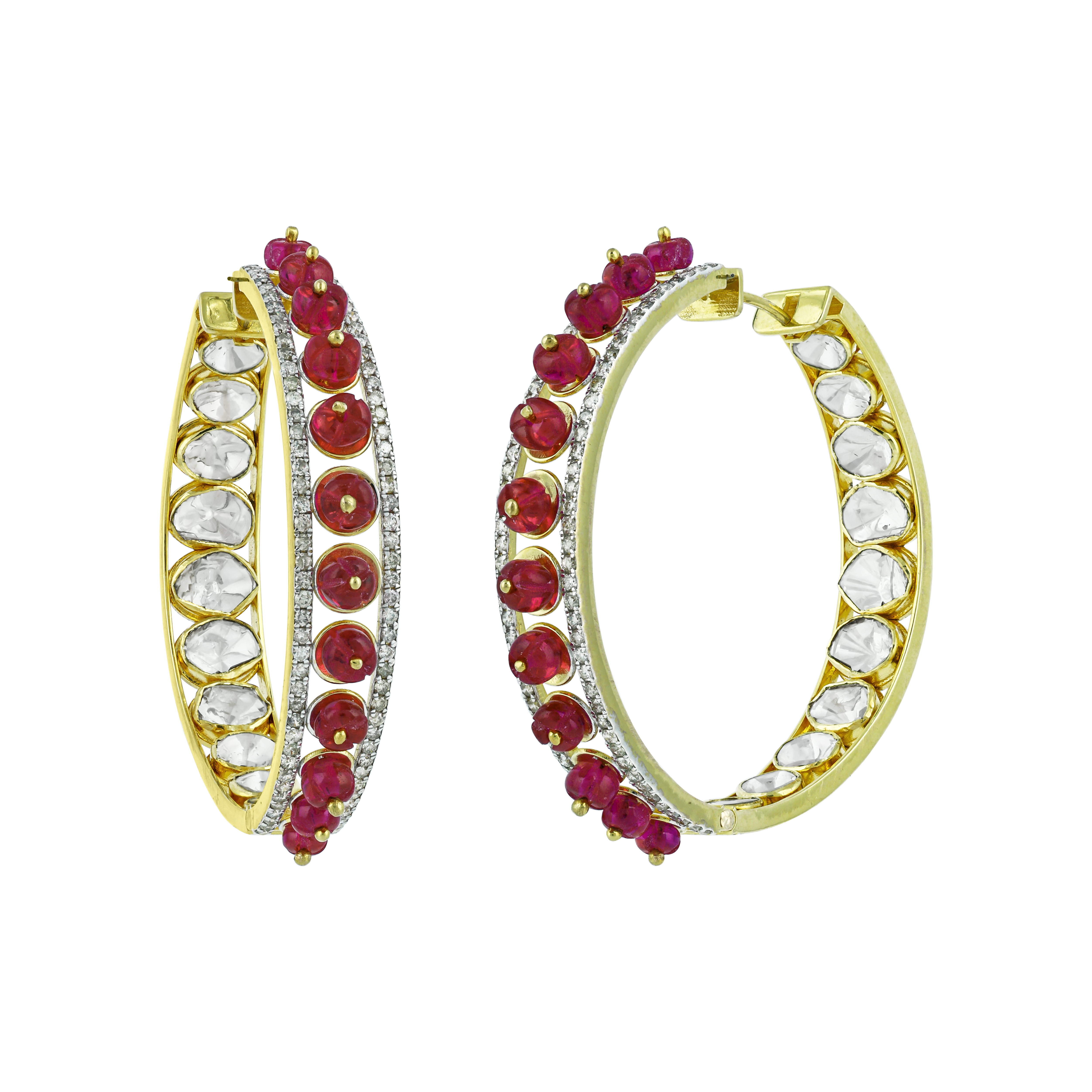 Polki Hoop Earrings with Red Beads and Diamond Border