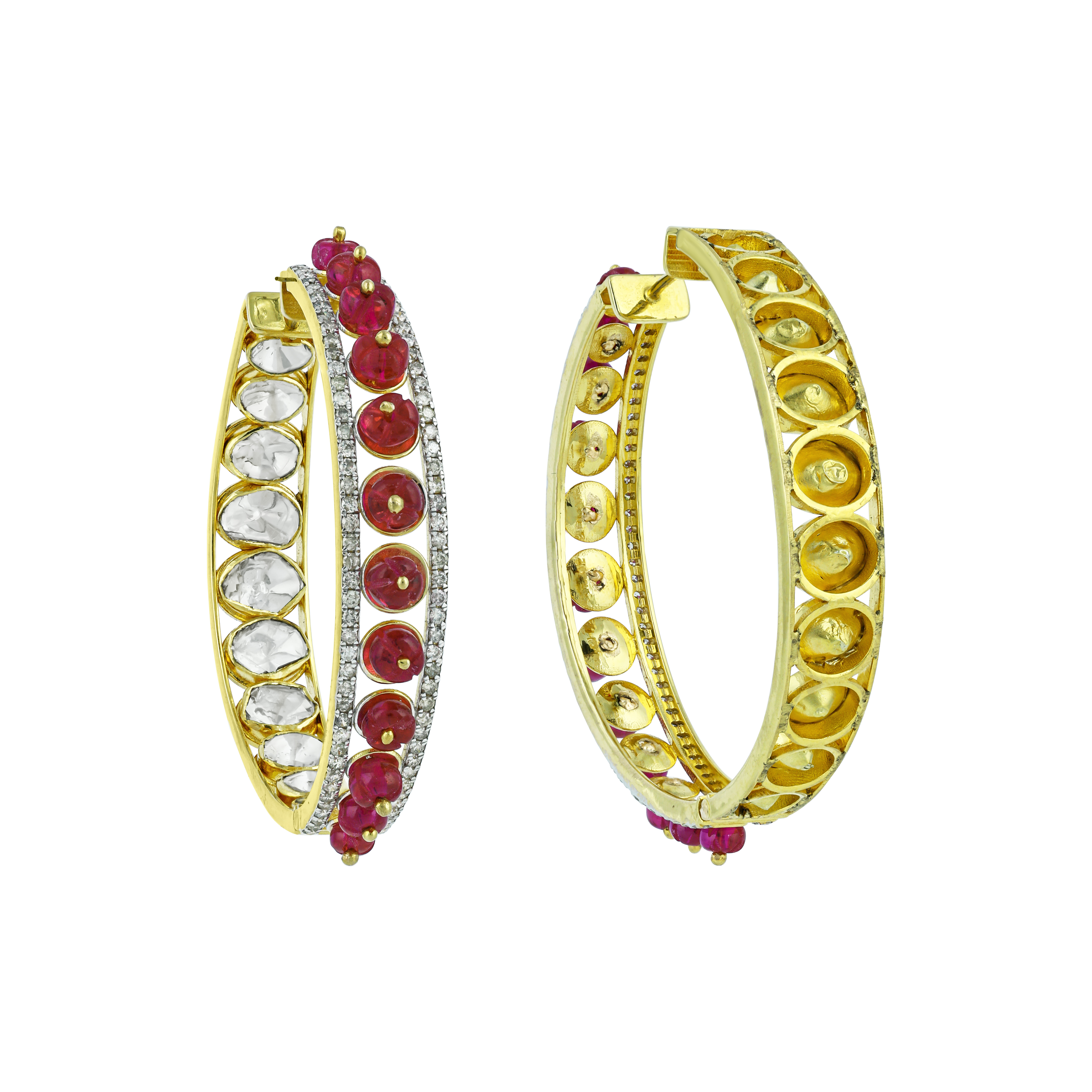 Polki Hoop Earrings with Red Beads and Diamond Border