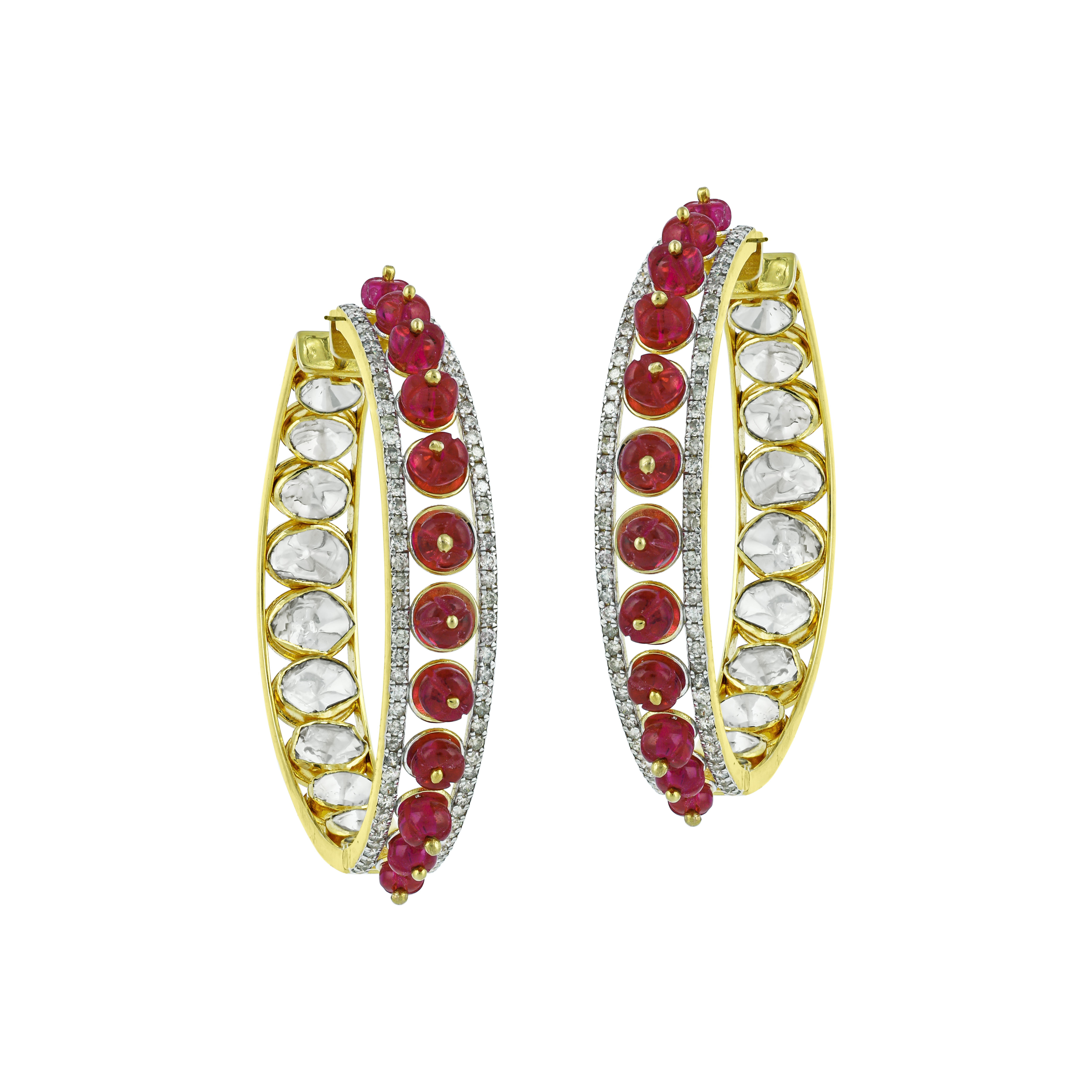 Polki Hoop Earrings with Red Beads and Diamond Border