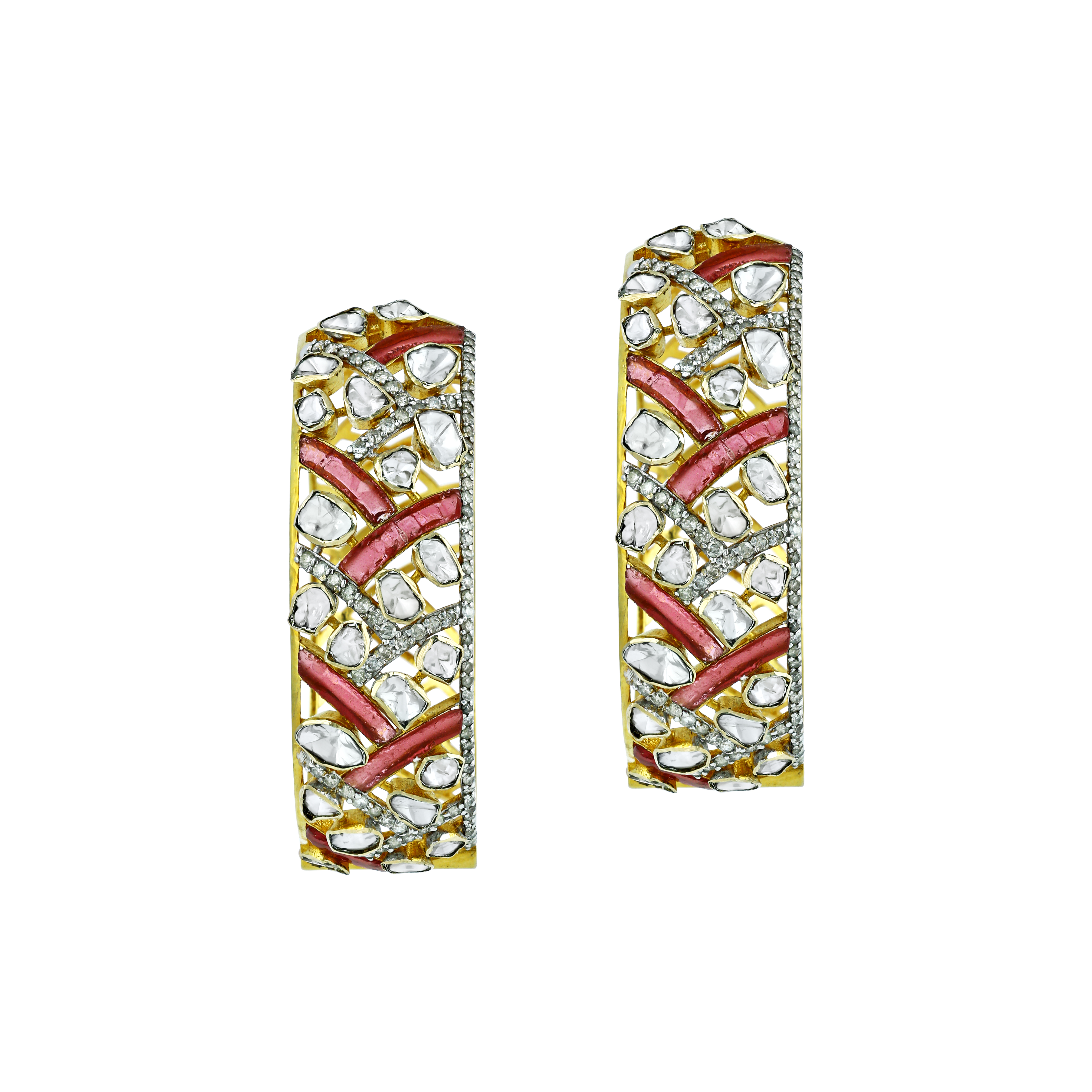 Wide Polki Hoops with Red Gemstones and Chevron Pattern