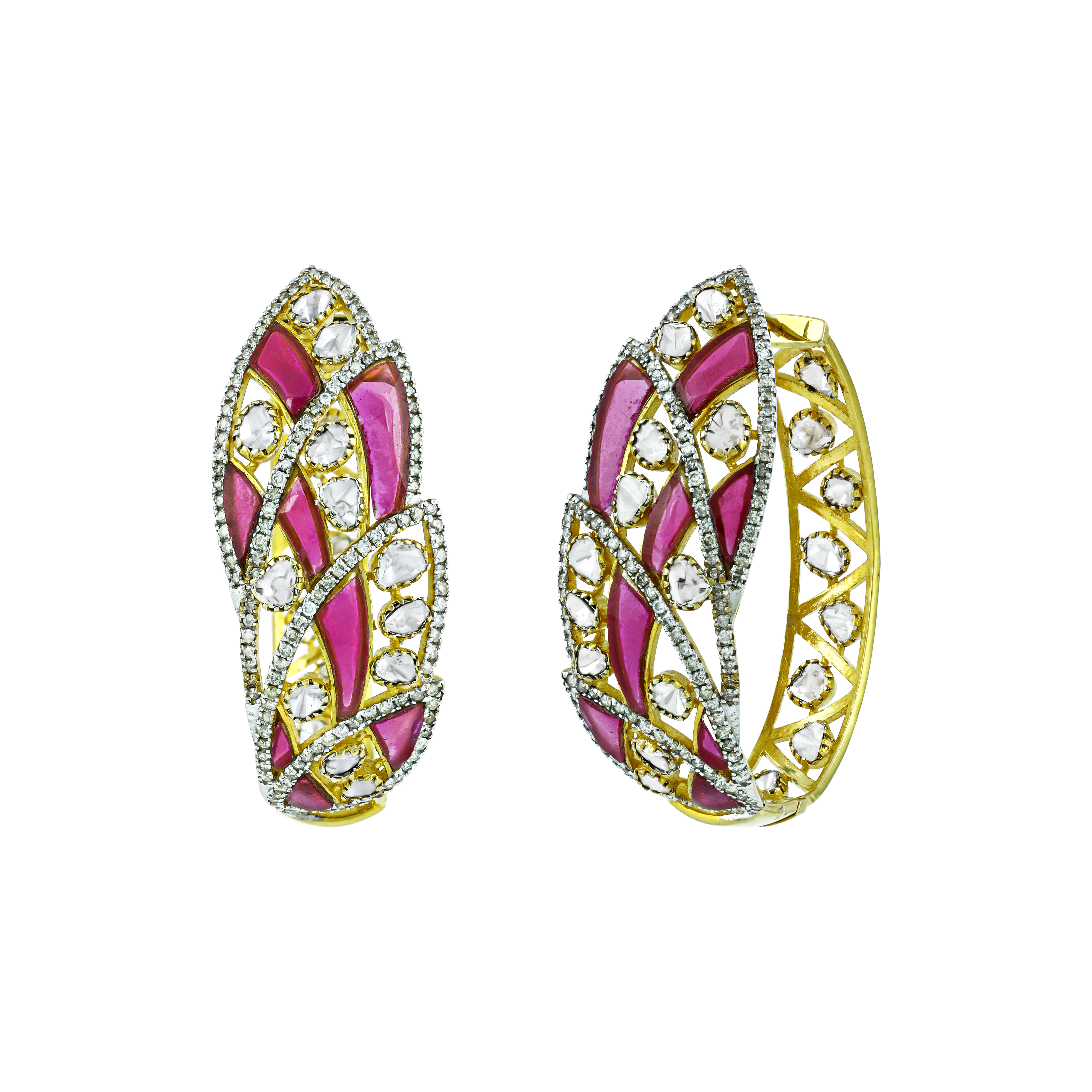 Polki Hoop Earrings with Pink Stones and Leaf-Inspired Design