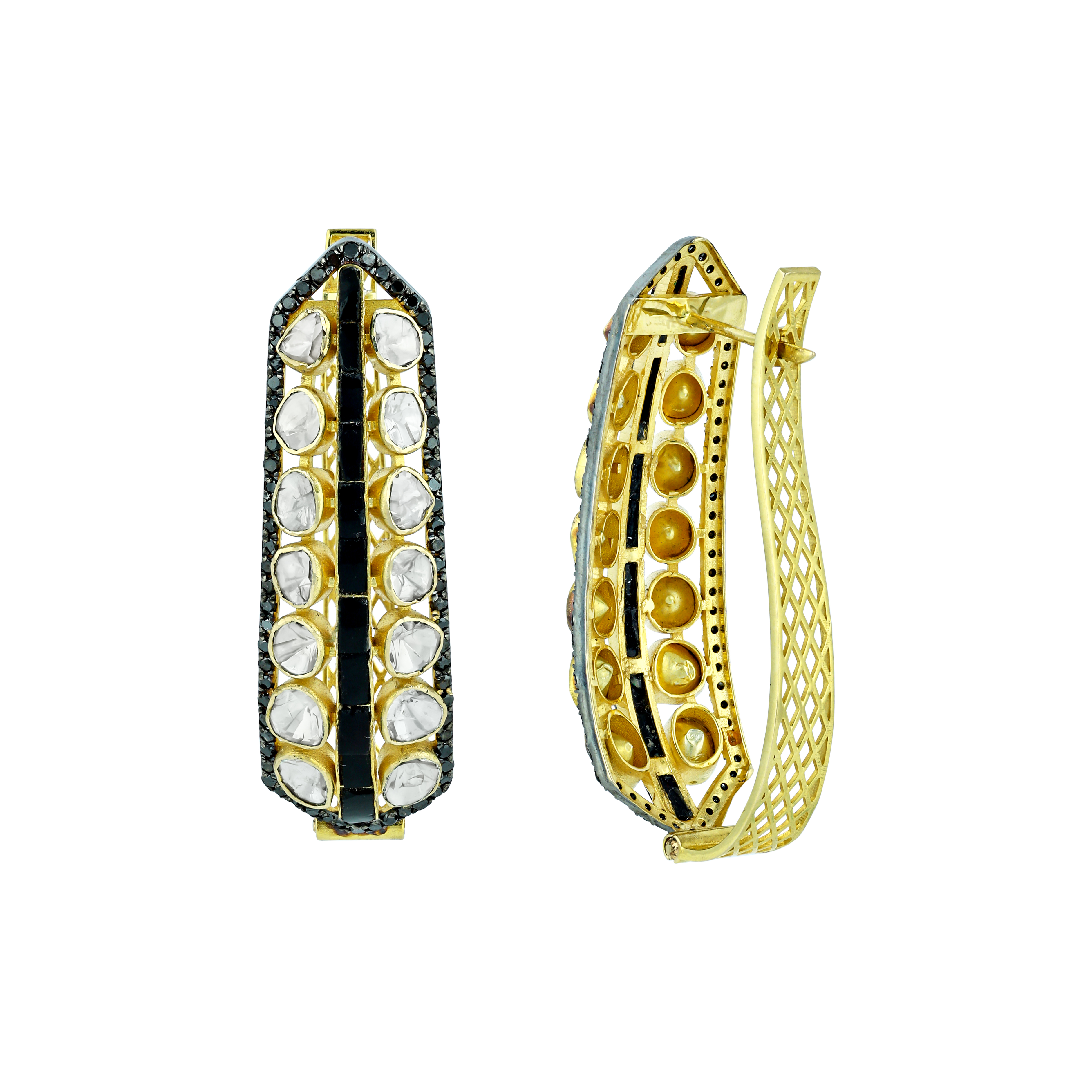 Geometric Polki Hoop Earrings with Black Diamonds and Talaf