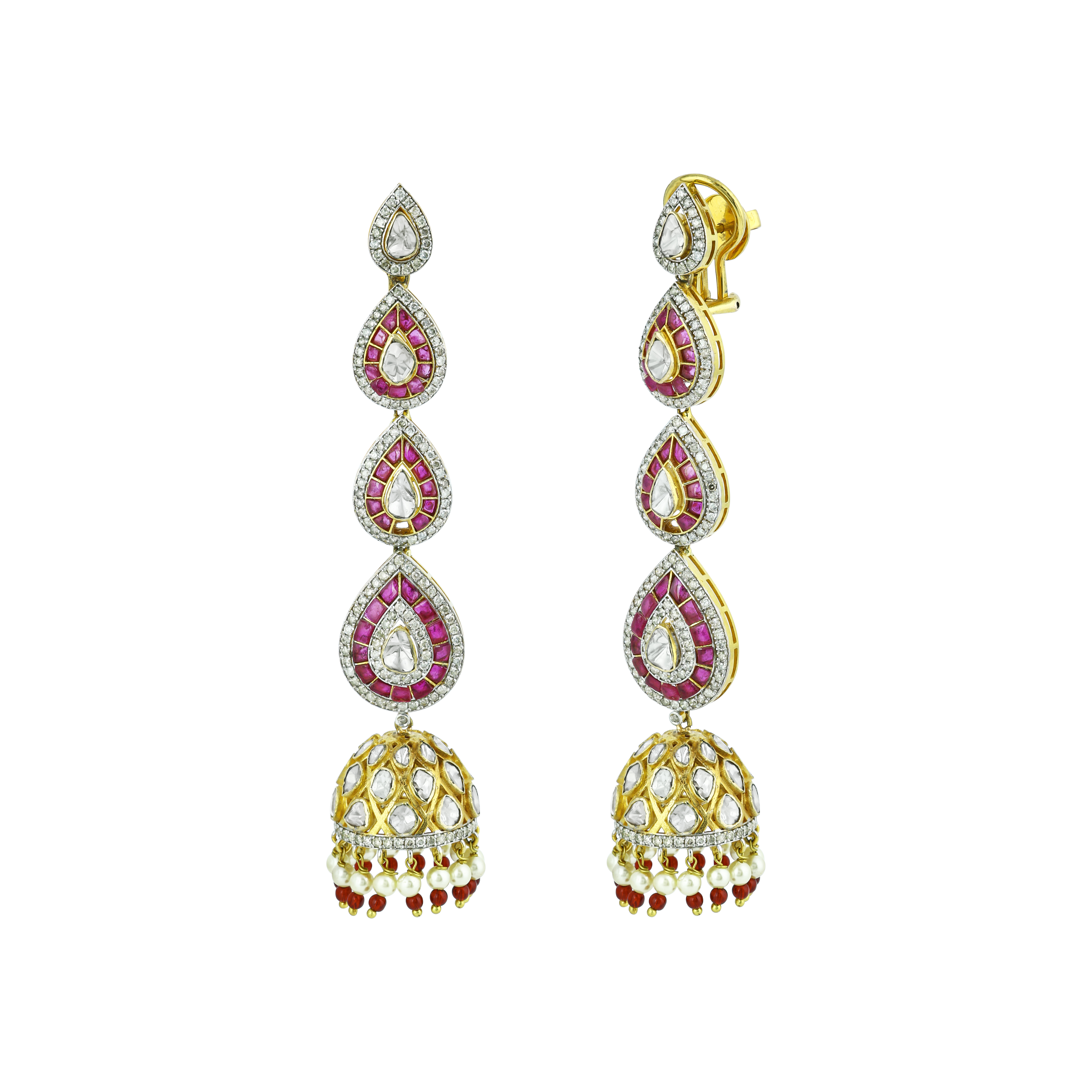 Cascading Polki Earrings with Red Talafs and Jhumka Design