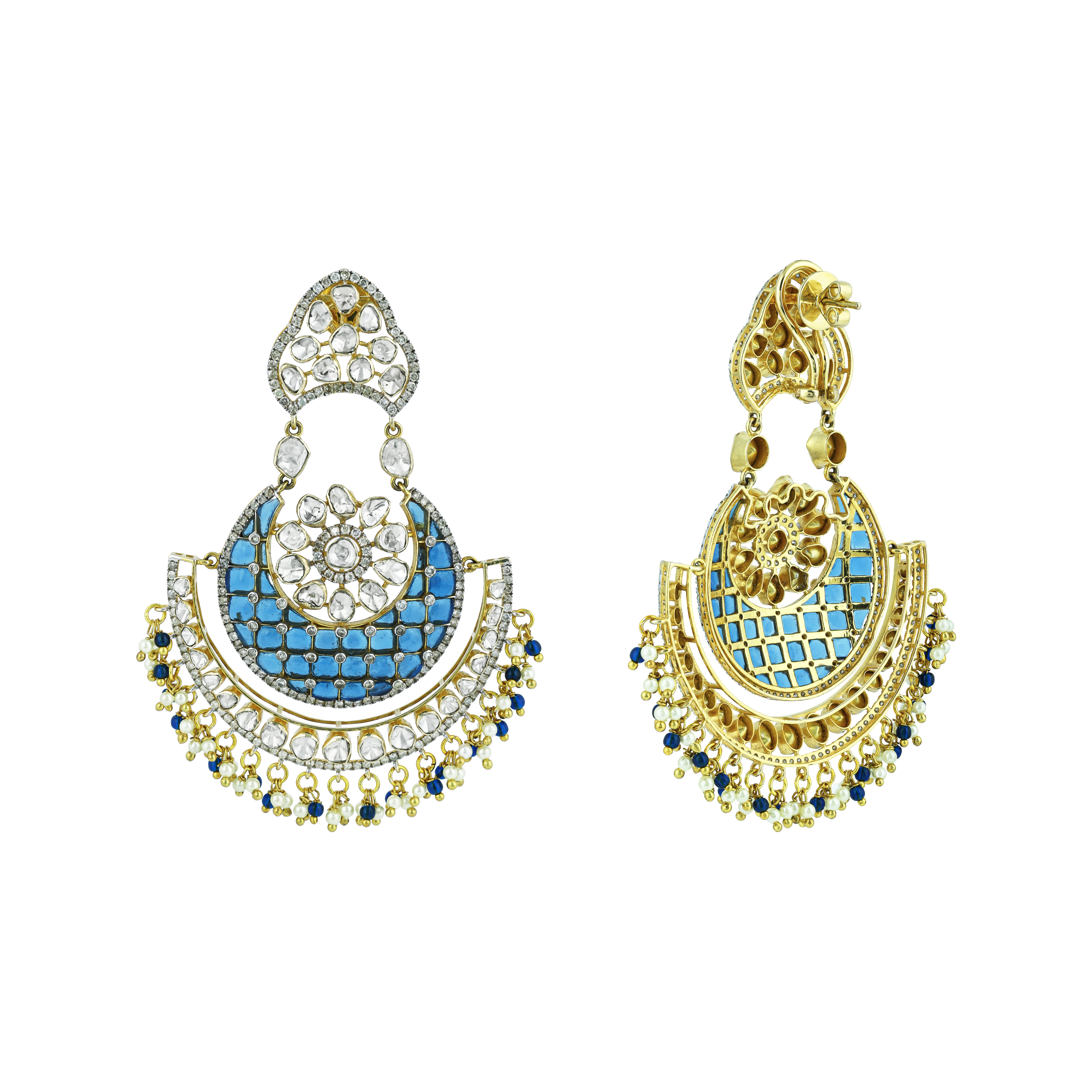 Crescent Chandbali Earrings with Polki, Blue Talaf, and Beads