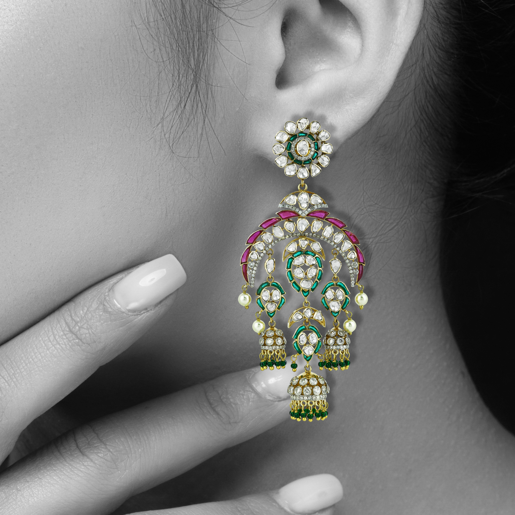 Polki Earrings with Green and Red Talafs, Pearl, and Tri-Jhumka Drops