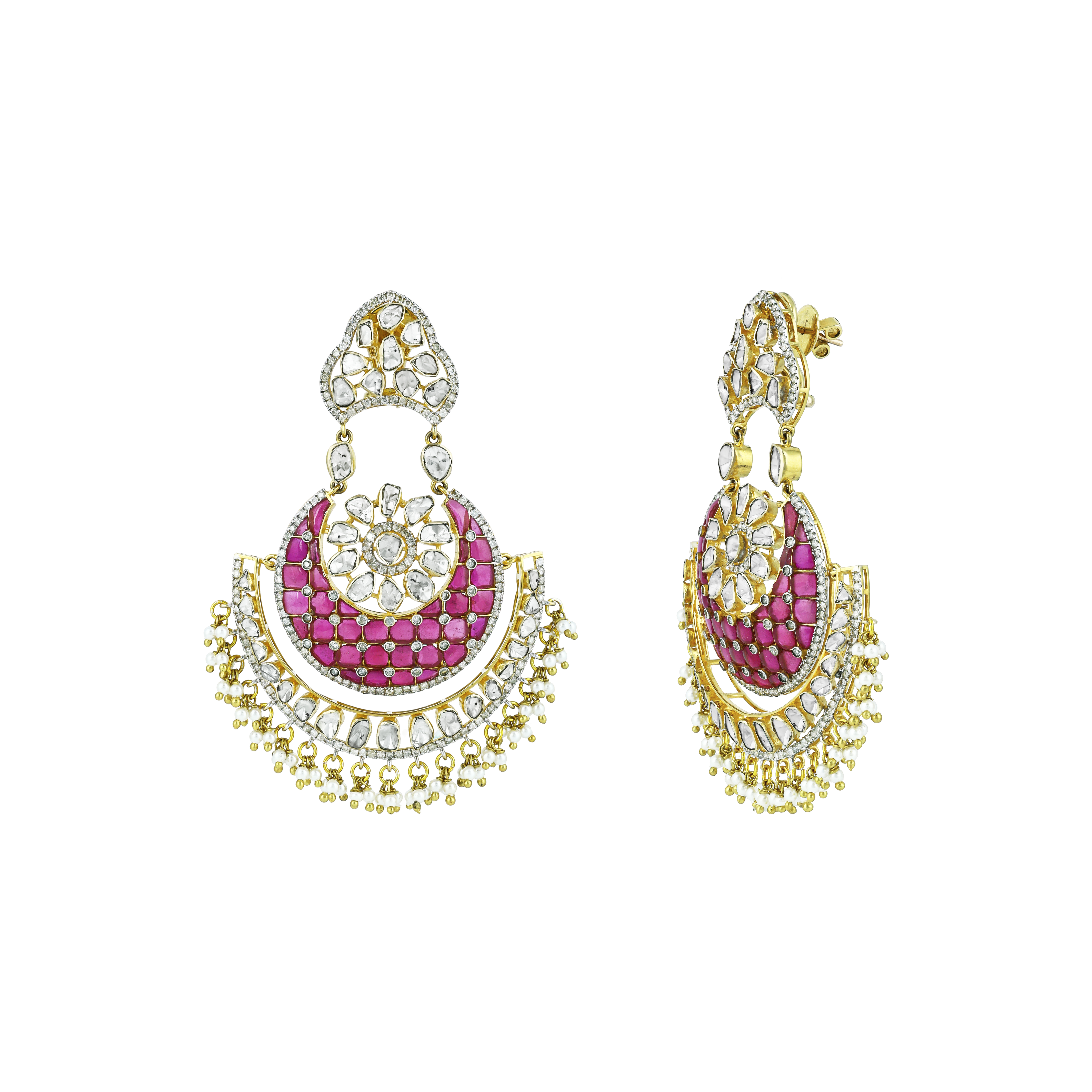Polki Chandbali Earrings with Red Talaf and Pearls