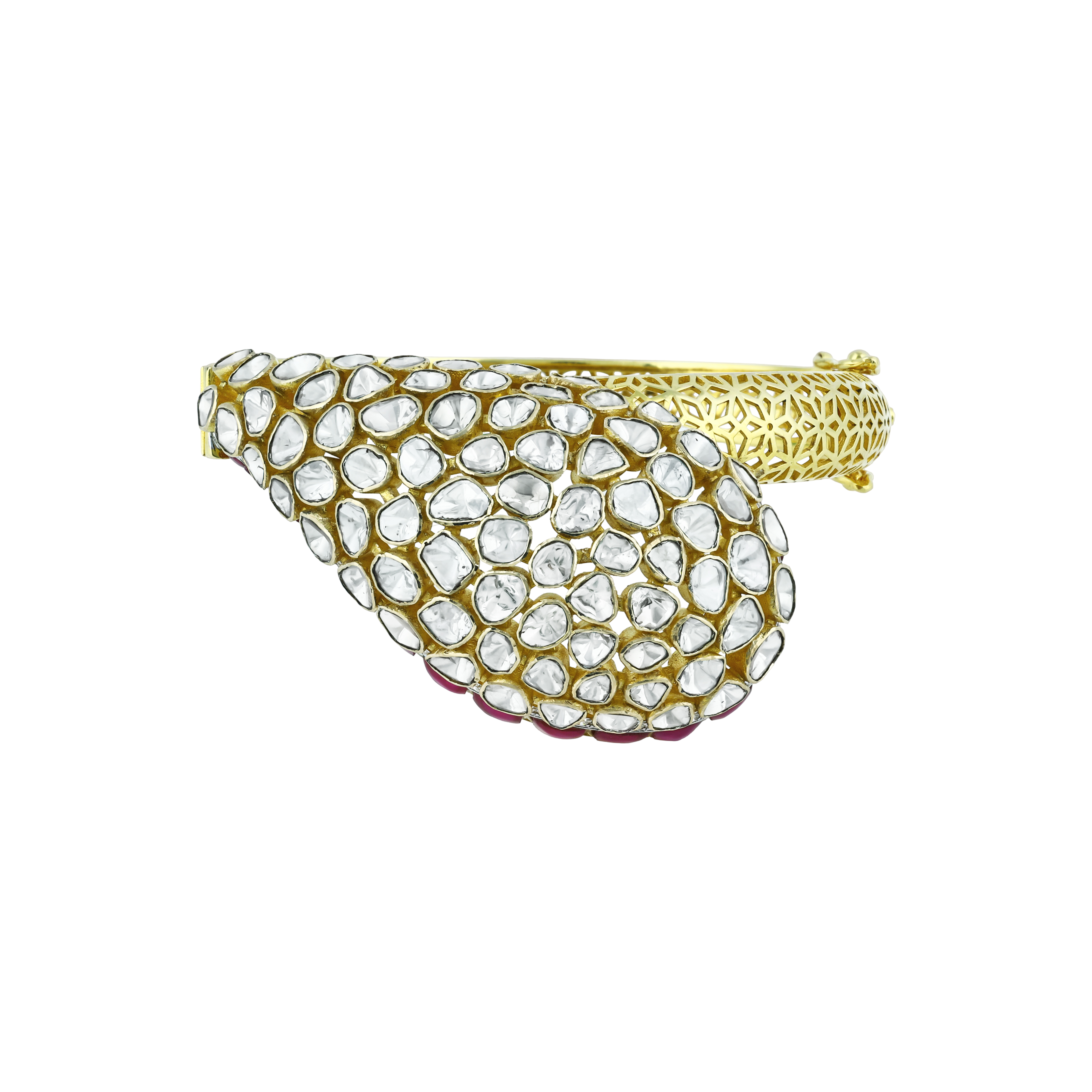 Teardrop Polki Bangle with Pink Talaf and Lattice Detailing