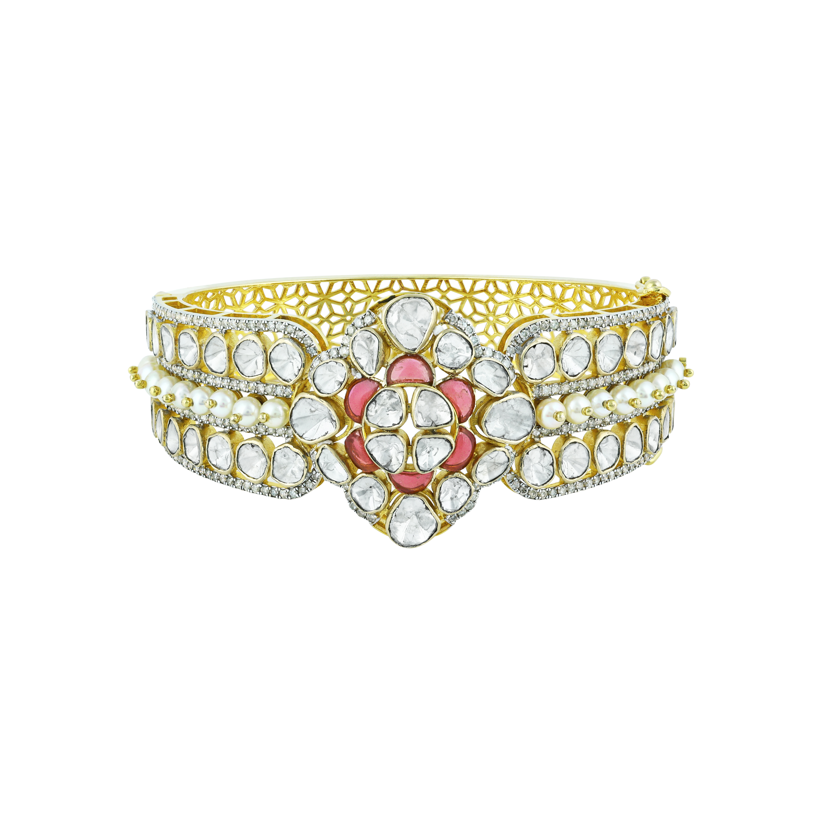 Floral Polki Bangle with Pink Talaf and Studded Pearls