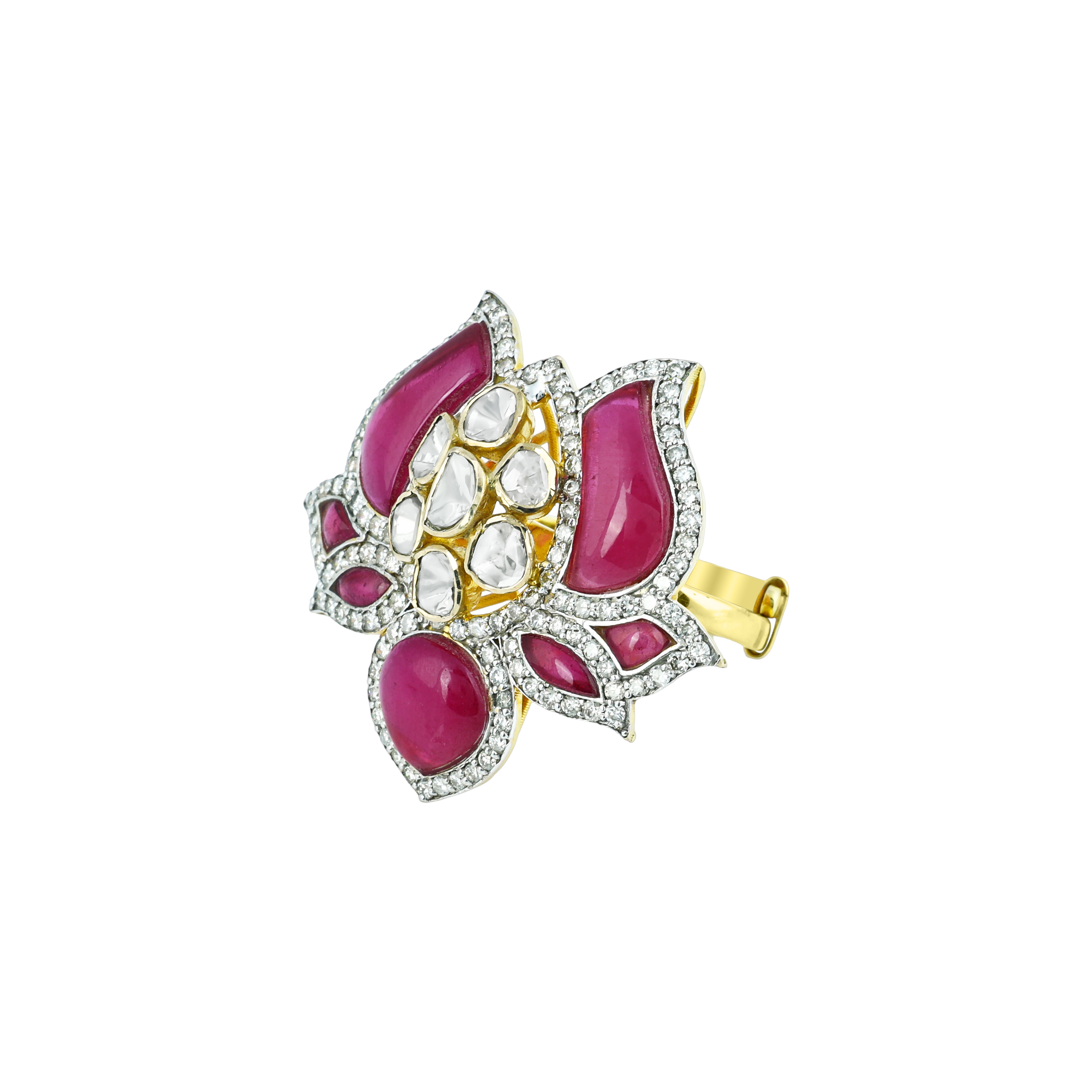 Lotus-Inspired Polki Ring with Red Talaf Stone and Diamonds