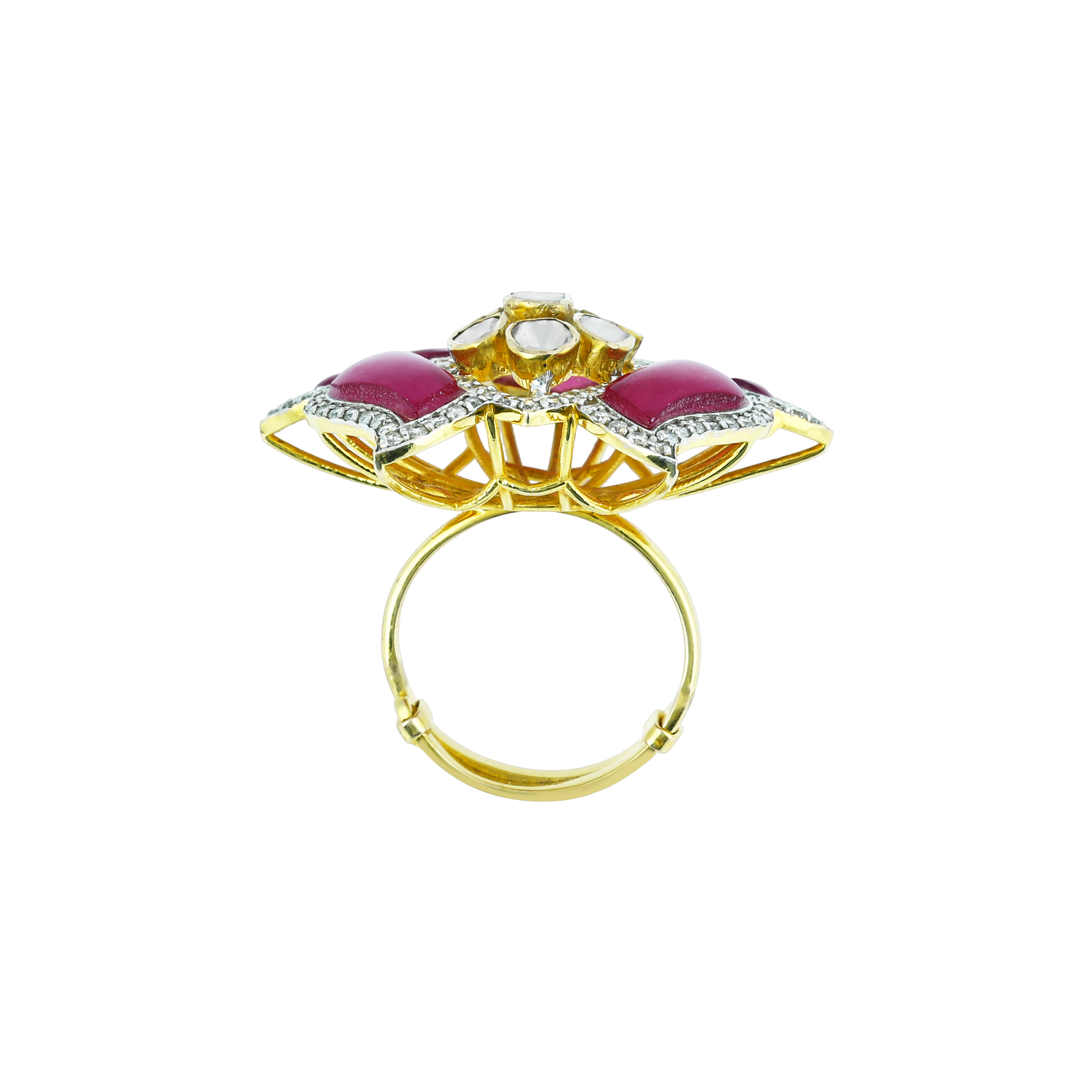 Lotus-Inspired Polki Ring with Red Talaf Stone and Diamonds