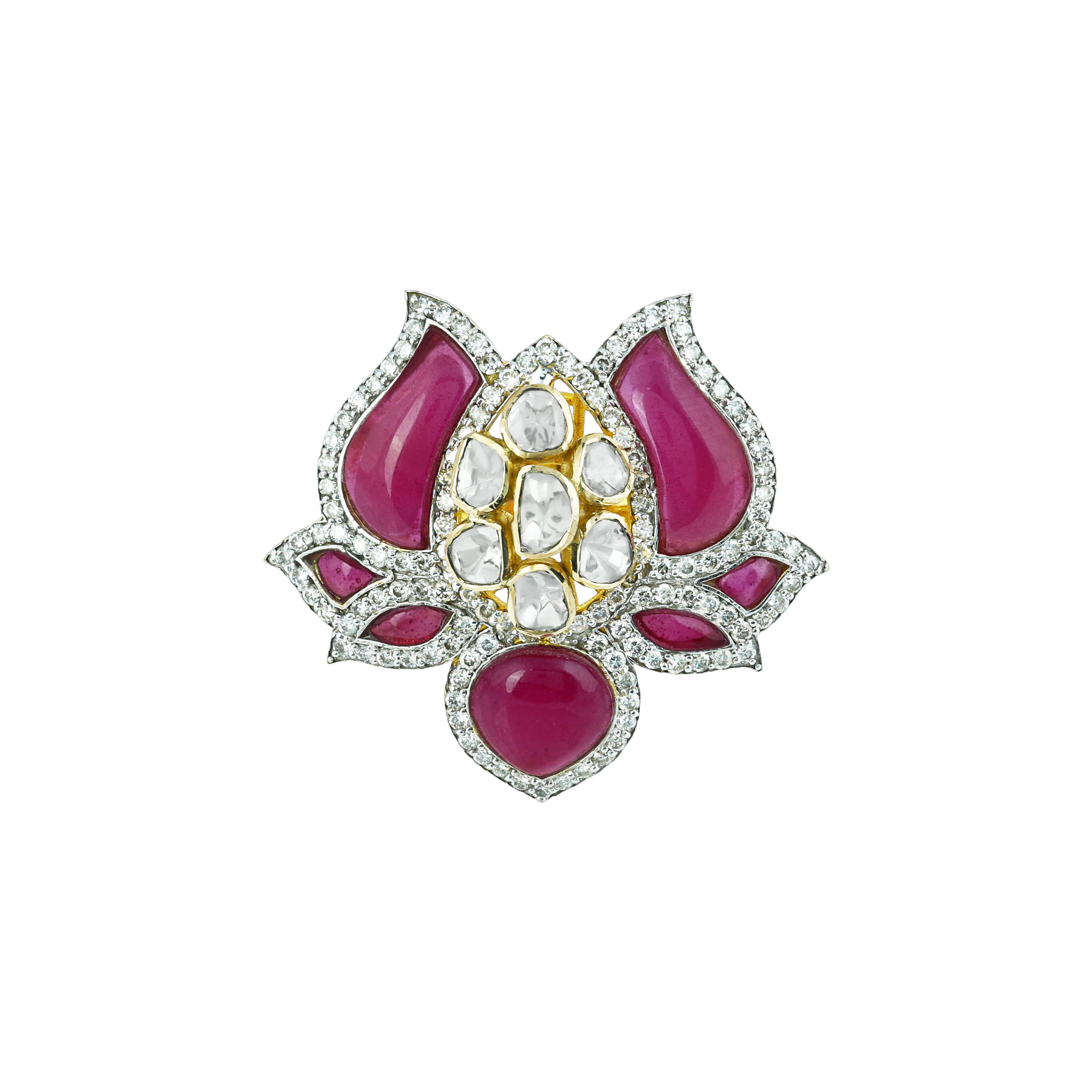 Lotus-Inspired Polki Ring with Red Talaf Stone and Diamonds