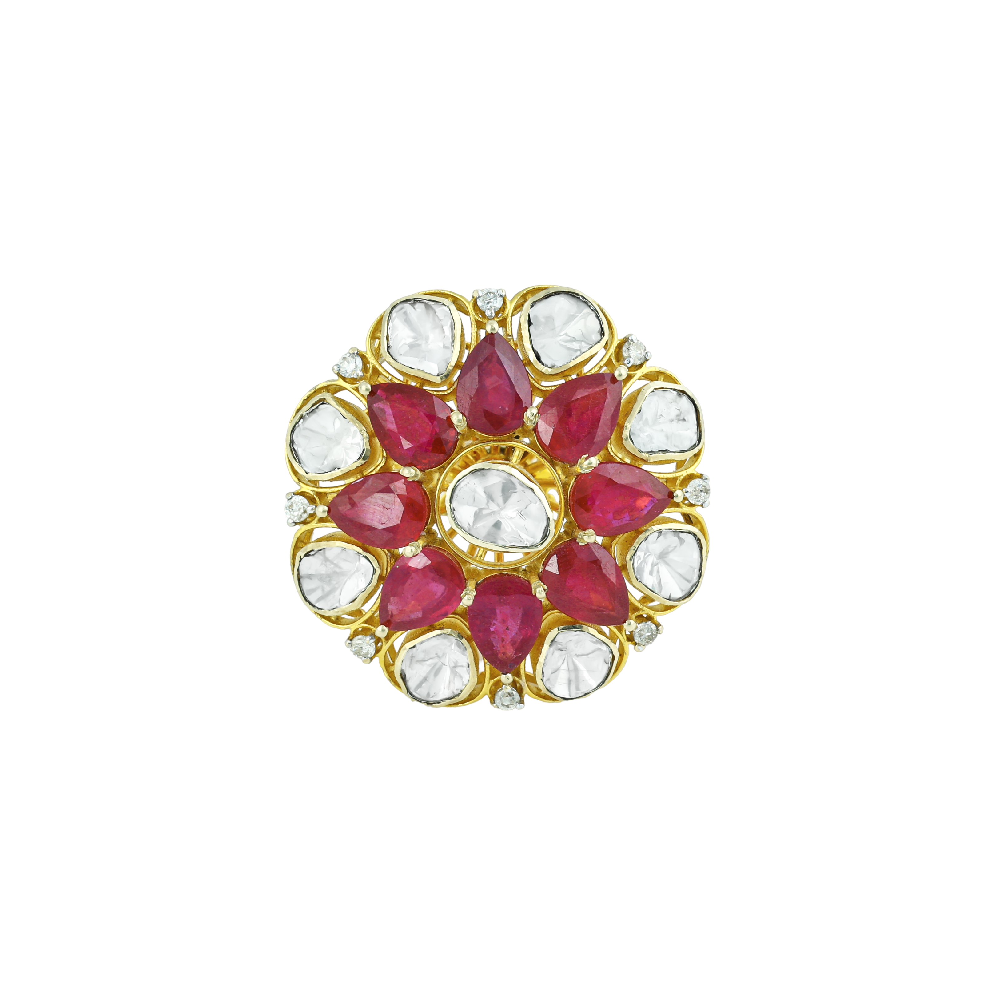 Floral Polki Ring with Central Uncut polki and Red Cut Stone