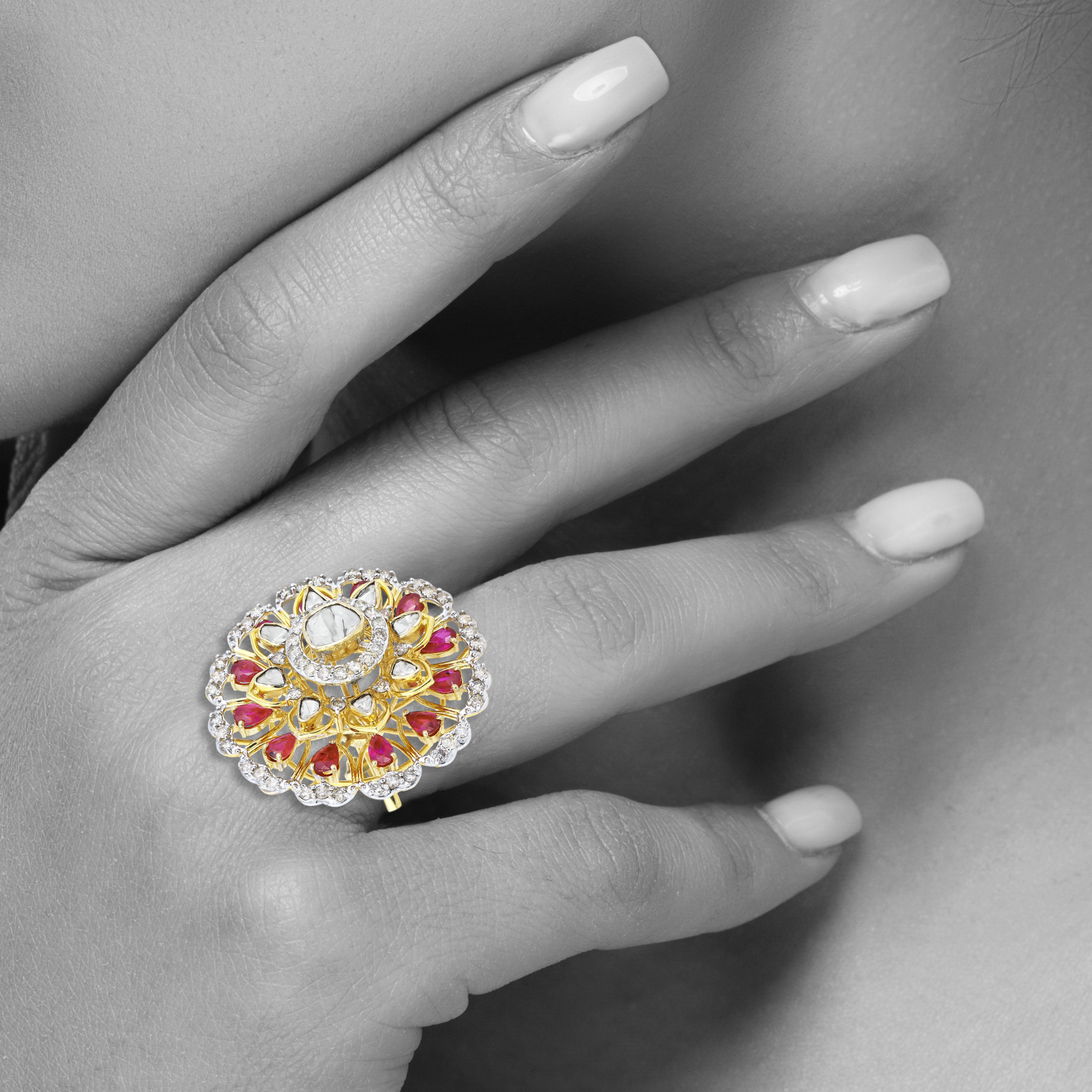 Polki Ring with Red Talaf and Diamond Floral Motif