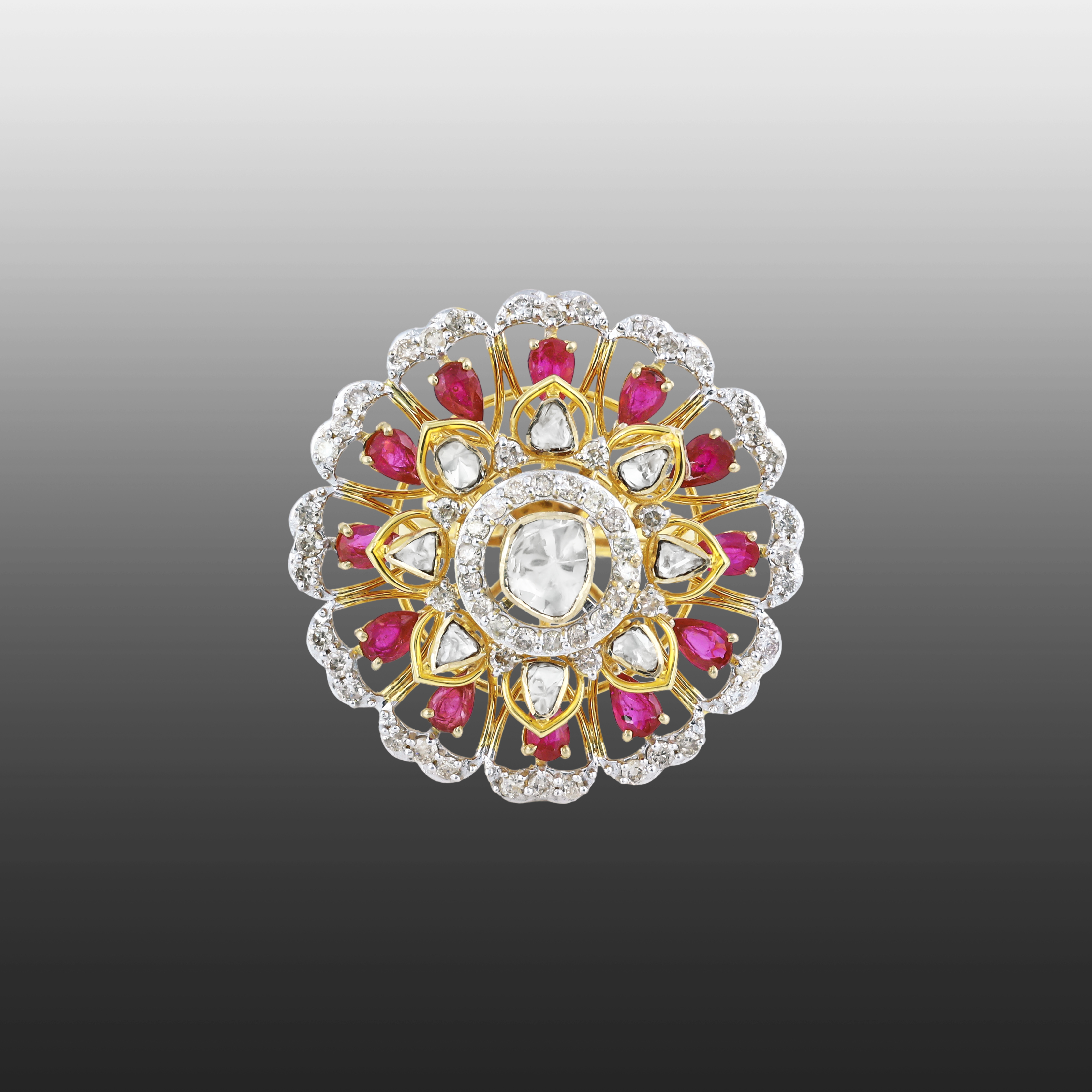 Polki Ring with Red Talaf and Diamond Floral Motif