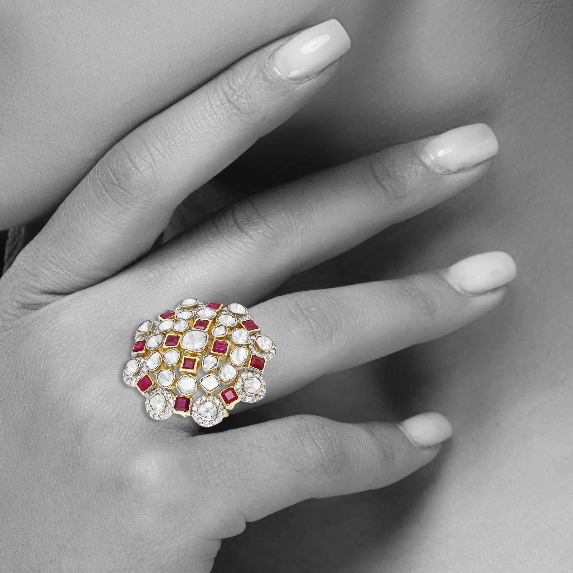 Floral Polki Ring with Square-Cut Red Stone and Diamond Border