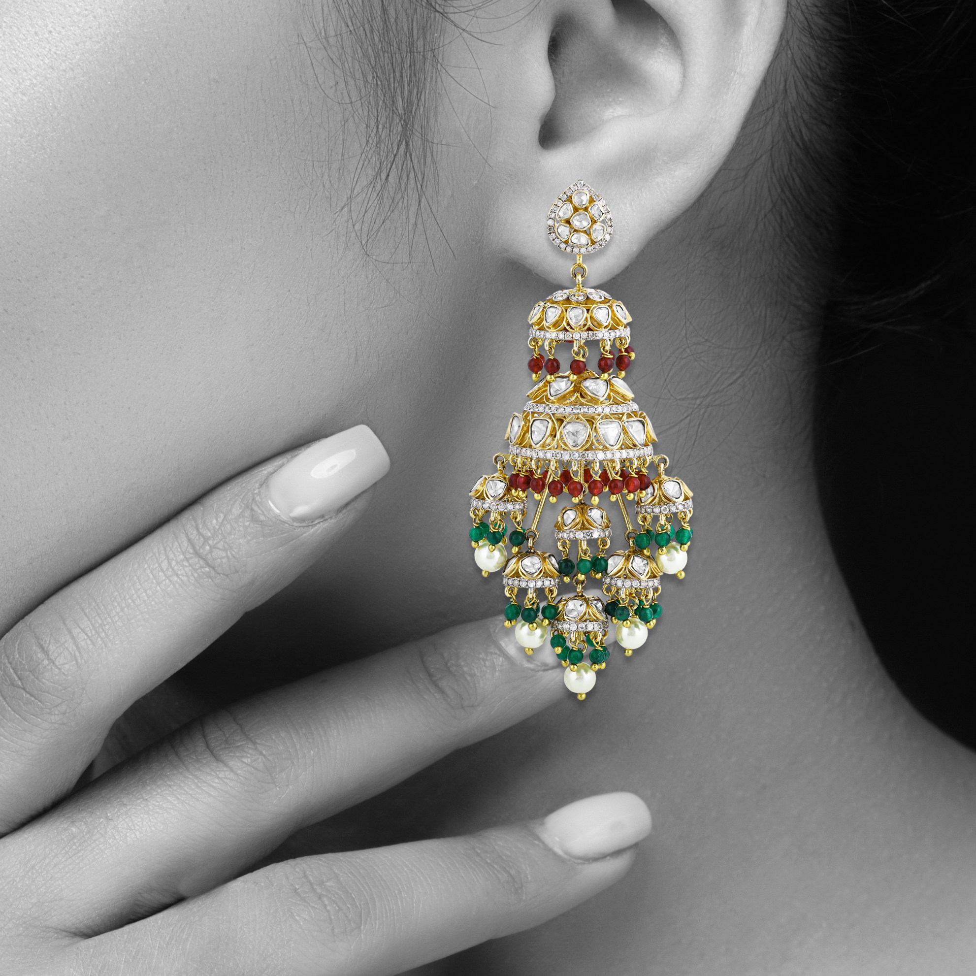 Polki Chandelier Earrings with Green and Red Beads, Pearl Drops