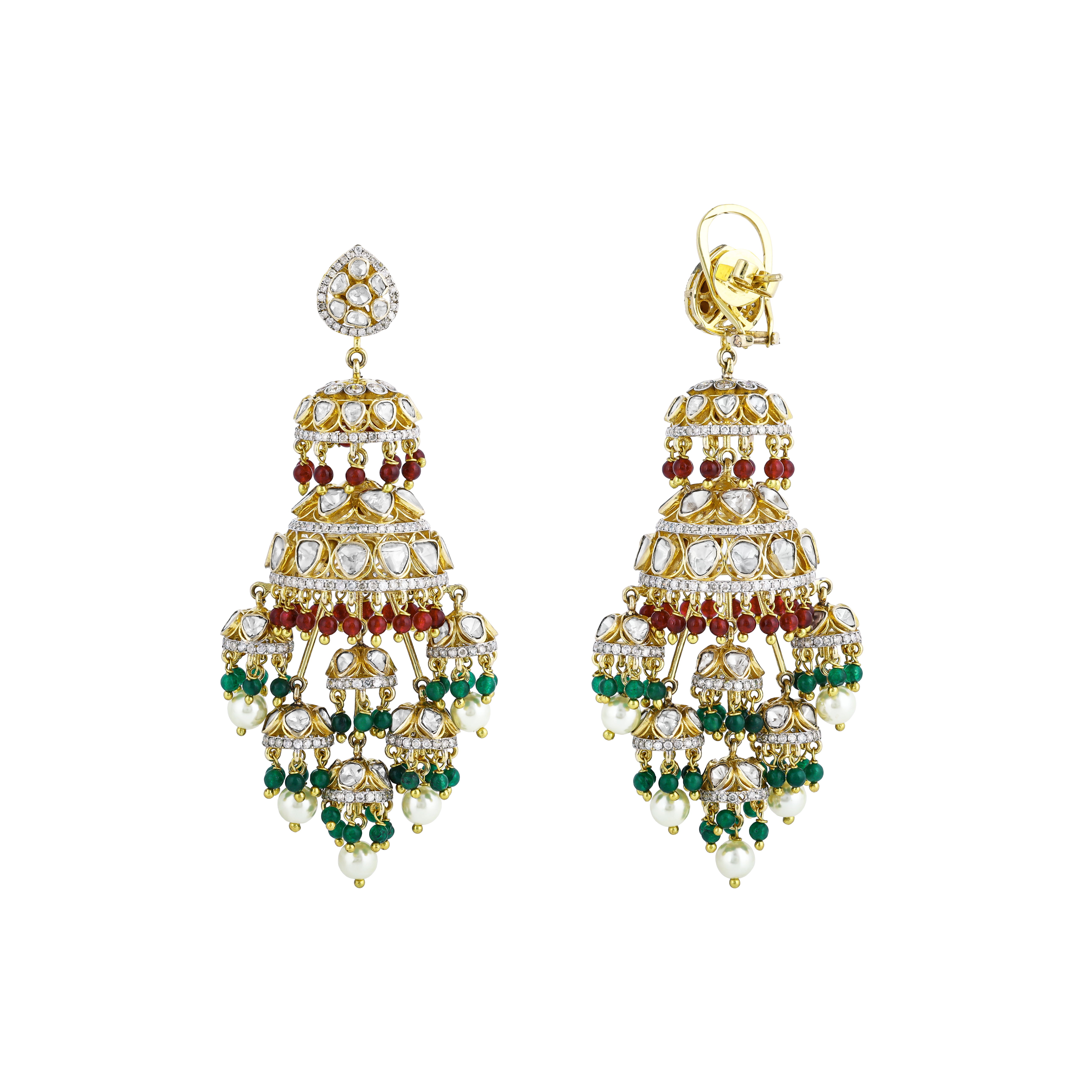 Polki Chandelier Earrings with Green and Red Beads, Pearl Drops
