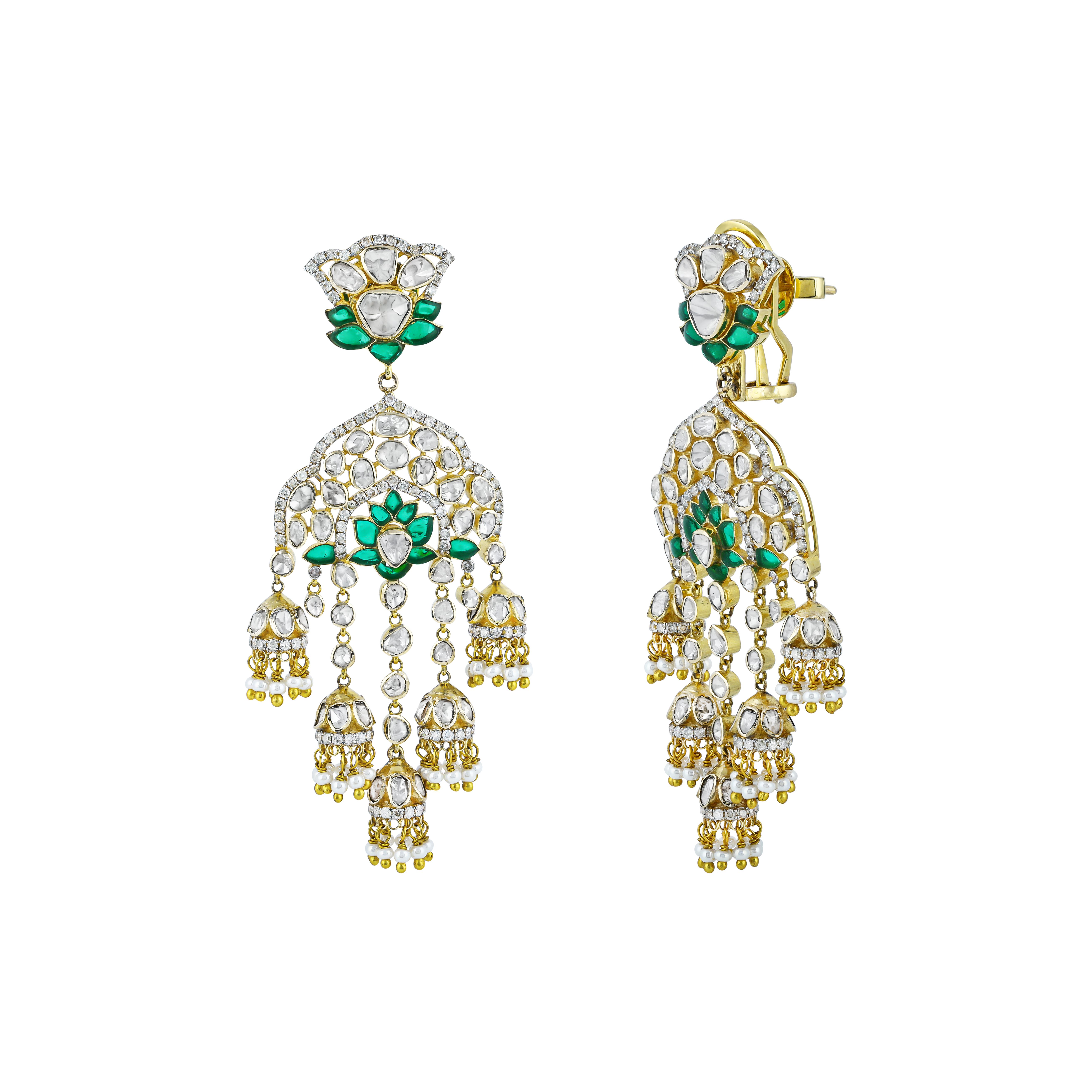 Polki Designer Jhumka Earrings with GreenTalaf Lotus and Pearl Accents